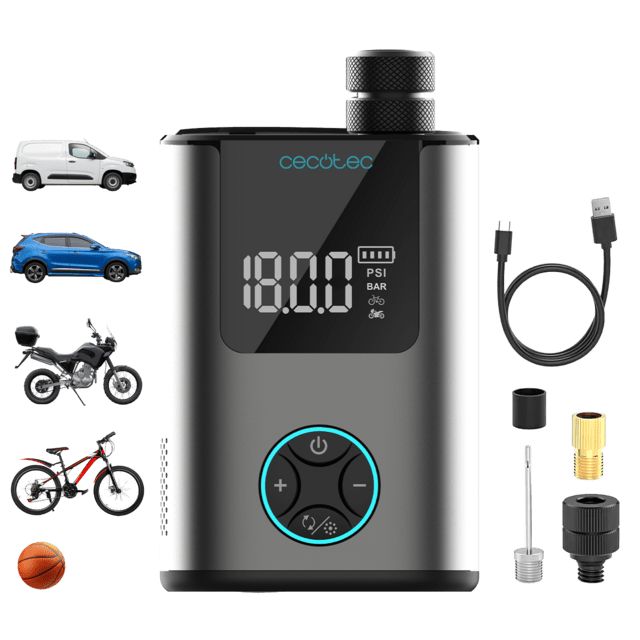 A01_EU01_106113 - Inflador elctrico CECOTEC Mini Air Max para bicicleta, moto, coche, patinetes y balones. Con doble batera de 600 mAh y capacidad inflado de hasta 150psi para dos neumticos de bicicleta (A01_EU01_106113)