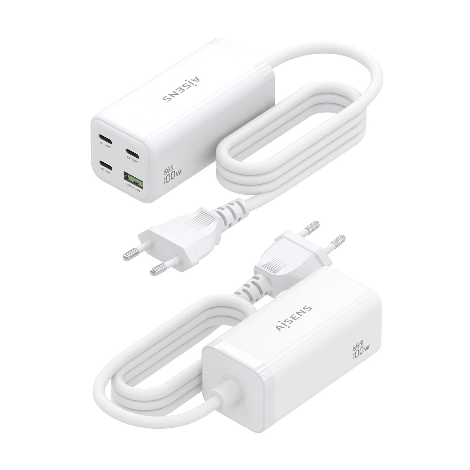ASCH-100W4P053-W - Cargador de sobremesa AISENS GaN 100w 3Usb-C 1Usb-A Blanco (ASCH-100W4P053-W)
