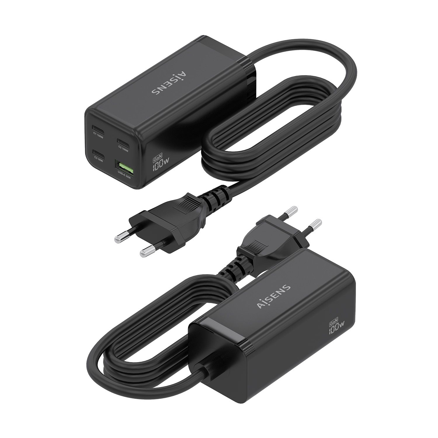 ASCH-100W4P054-BK - Cargador de sobremesa AISENS GaN 100w 3Usb-C 1Usb-A Negro (ASCH-100W4P054-BK)