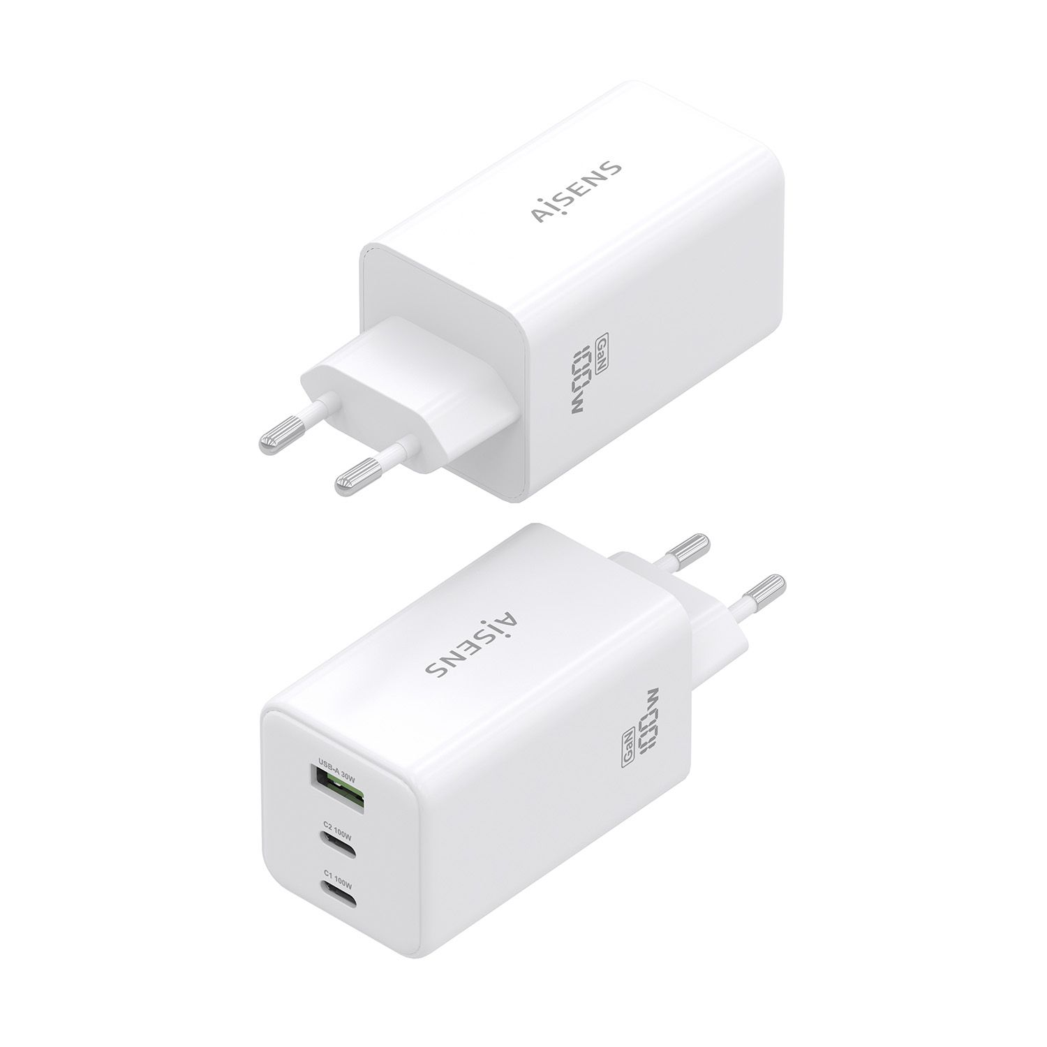 ASCH-100W3P051-W - Cargador de Pared AISENS GaN 100W 2Usb-C PD 1Usb-A Blanco (ASCH-100W3P051-W)