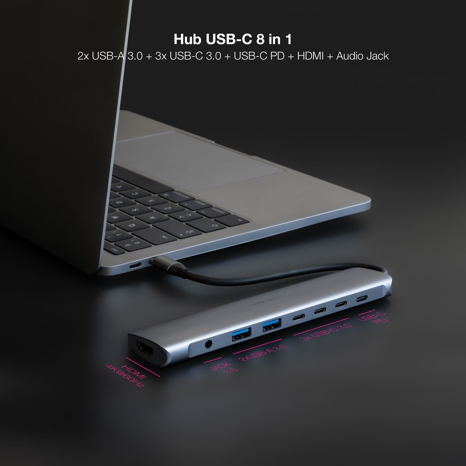 10.16.4608 - Docking Nanocable 8en1 Usb-C a 2xUsb/ 3xUsb-C/ 1xHDMI 4K/ 1xJack 3.5mm/ 1xUsb-C PD. Gris (10.16.4608)