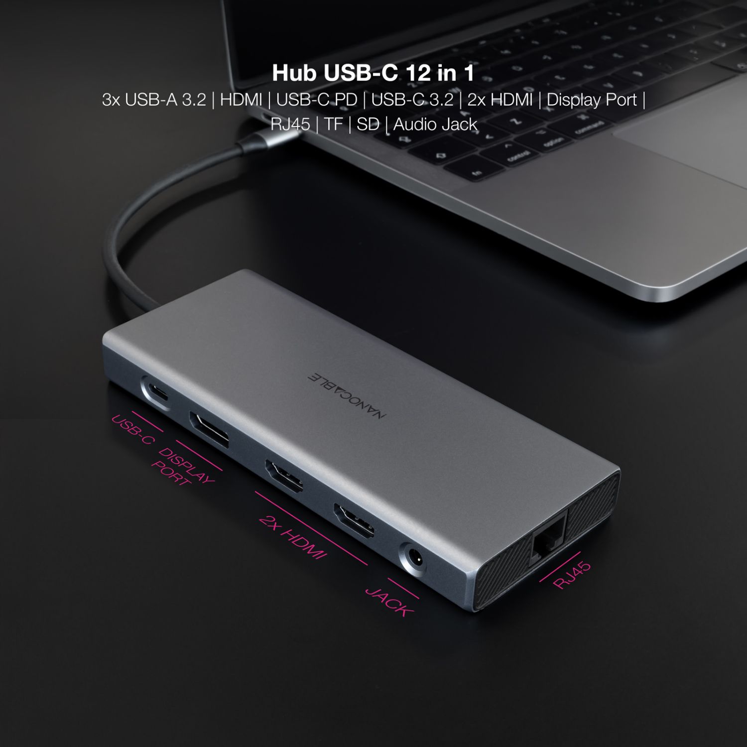 10.16.4612 - Docking Nanocable 12en1 Usb-C a 3xUsb/ 1xUsb-C/ 2xHDMI 4K/ 1xDisplayPort/ 1xRJ45/ 1xLector tarjetas/ 1xJack 3.5mm/ 1xUsb-C PD/ Gris (10.16.4612)