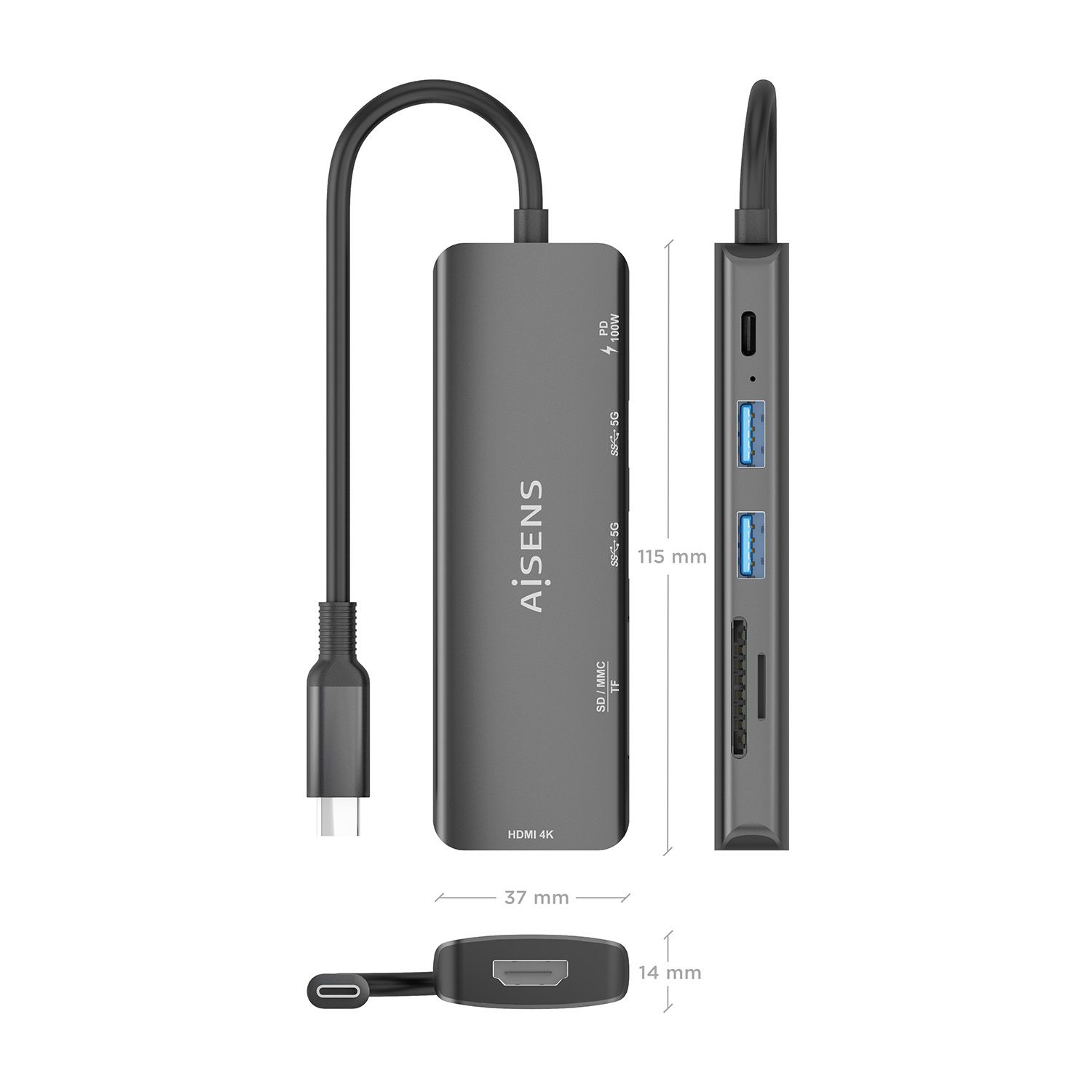 ASUC-6P023-GR - Docking AISENS 6en1 Usb-C a 1xHDMI/ 2xUsb/ 1xUsb-C PD/ 1xLector Tarjetas. Gris (ASUC-6P023-GR)