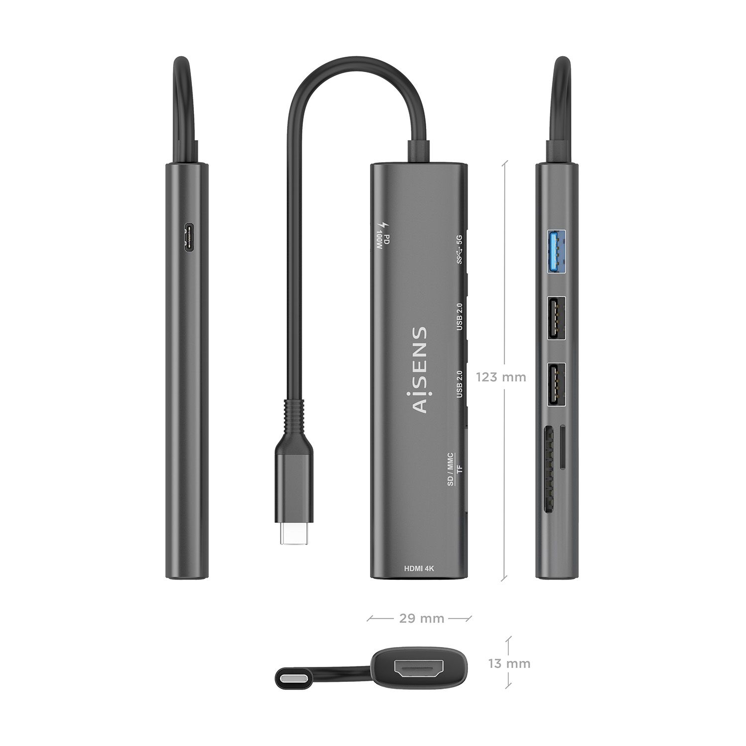 ASUC-7P027-GR - Docking AISENS 7en1 Usb-C a 1xHDMI/ 3xUsb-A/ 1xUsb Tipo-C PD/ 1xLector Tarjetas. Gris (ASUC-7P027-GR)