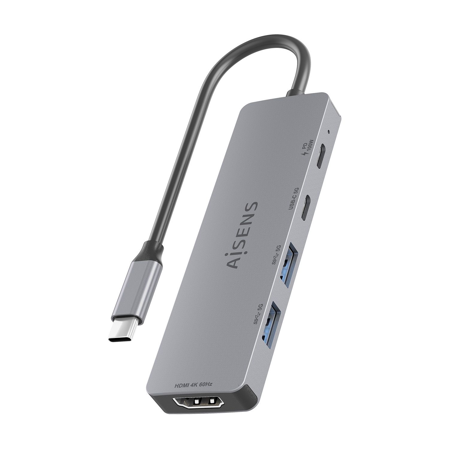 ASUC-5P028-GR - Docking Station AISENS 5en1 USB-C 3.0 a 2xUSB-A/1xUSB-C PD 100W/1xHDMI 4K/60Hz Gris (ASUC-5P028-GR)