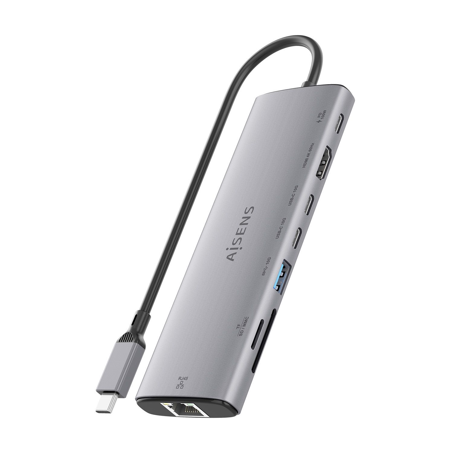 ASUC-8P033-GR - Docking Station Aisens 8en1 Usb-C a 1xHDMI, 1xRJ45, 1xUSB-A 10G, 2xUSB-C 10G, 1xSD, 1xMicro SD, 1xUSB-C PD 100W, Gris.(ASUC-8P033-GR)