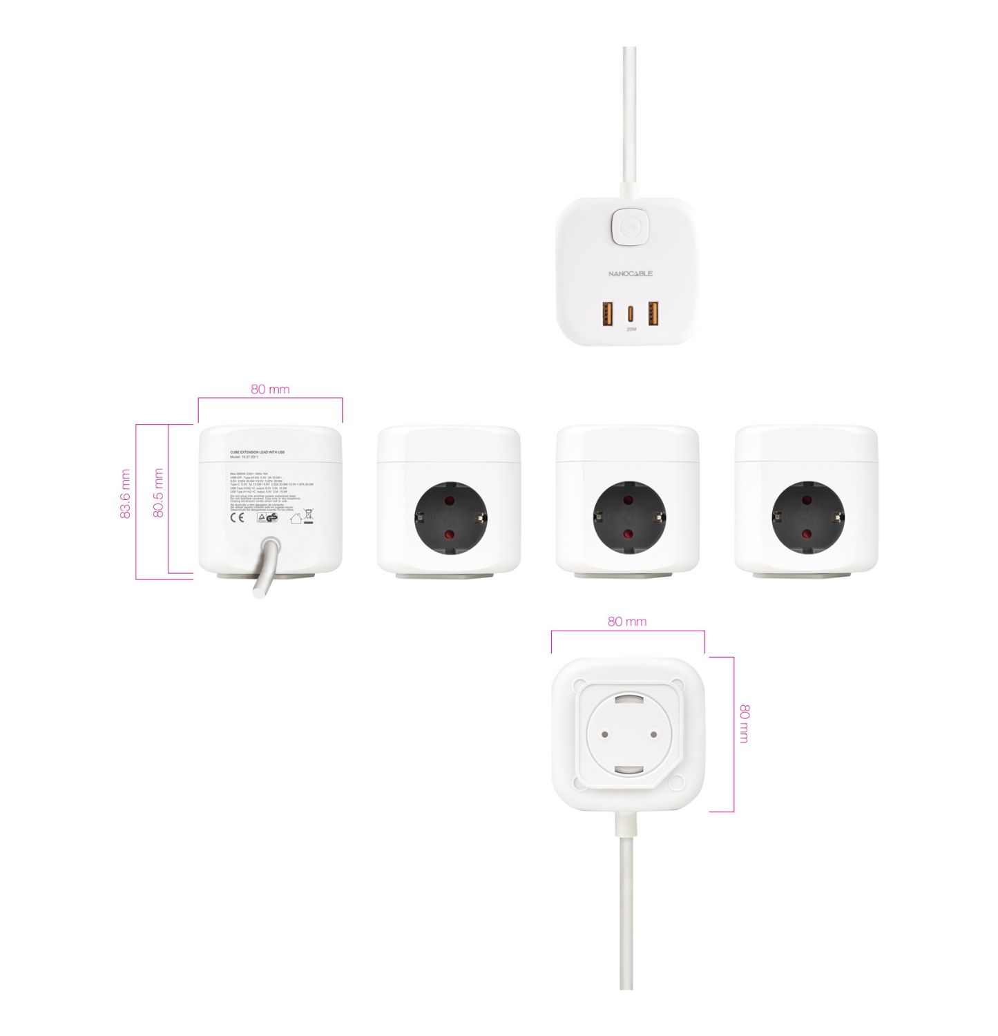 10.37.0011 - Regleta de Sobremesa Nanocable 3xSchuko 2xUSB-A 1xUSB-C PD 20W Interruptor Cable 1.4m Blanco (10.37.0011)