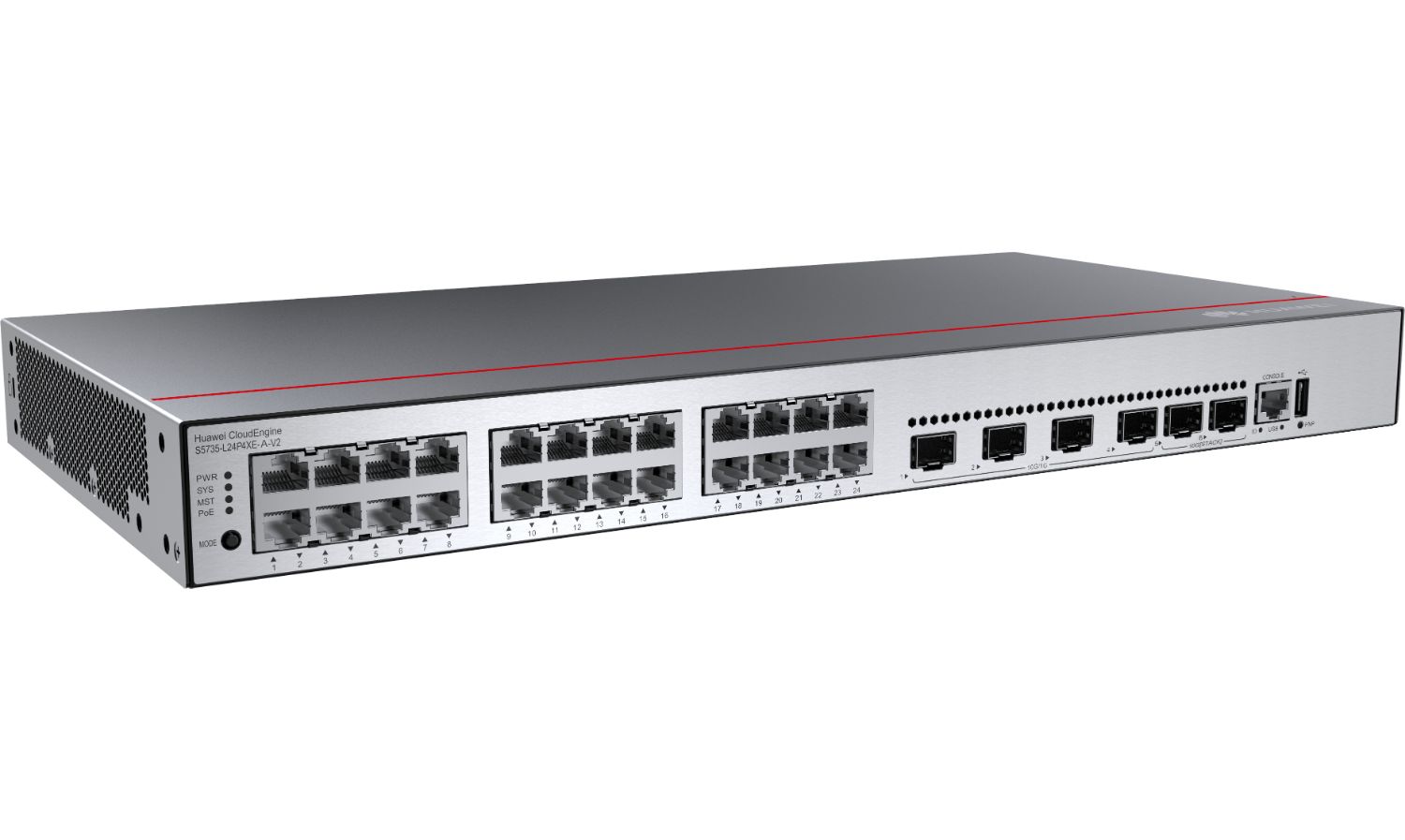 98012026 - Switch Huawei S5735-L24P4XE-A-V2 Gestionado L3 24xRJ45 4xSFP+ 1xUSB 2.0 Ethernet GbE PoE 400W Rack 1U Negro/Plata (98012026)