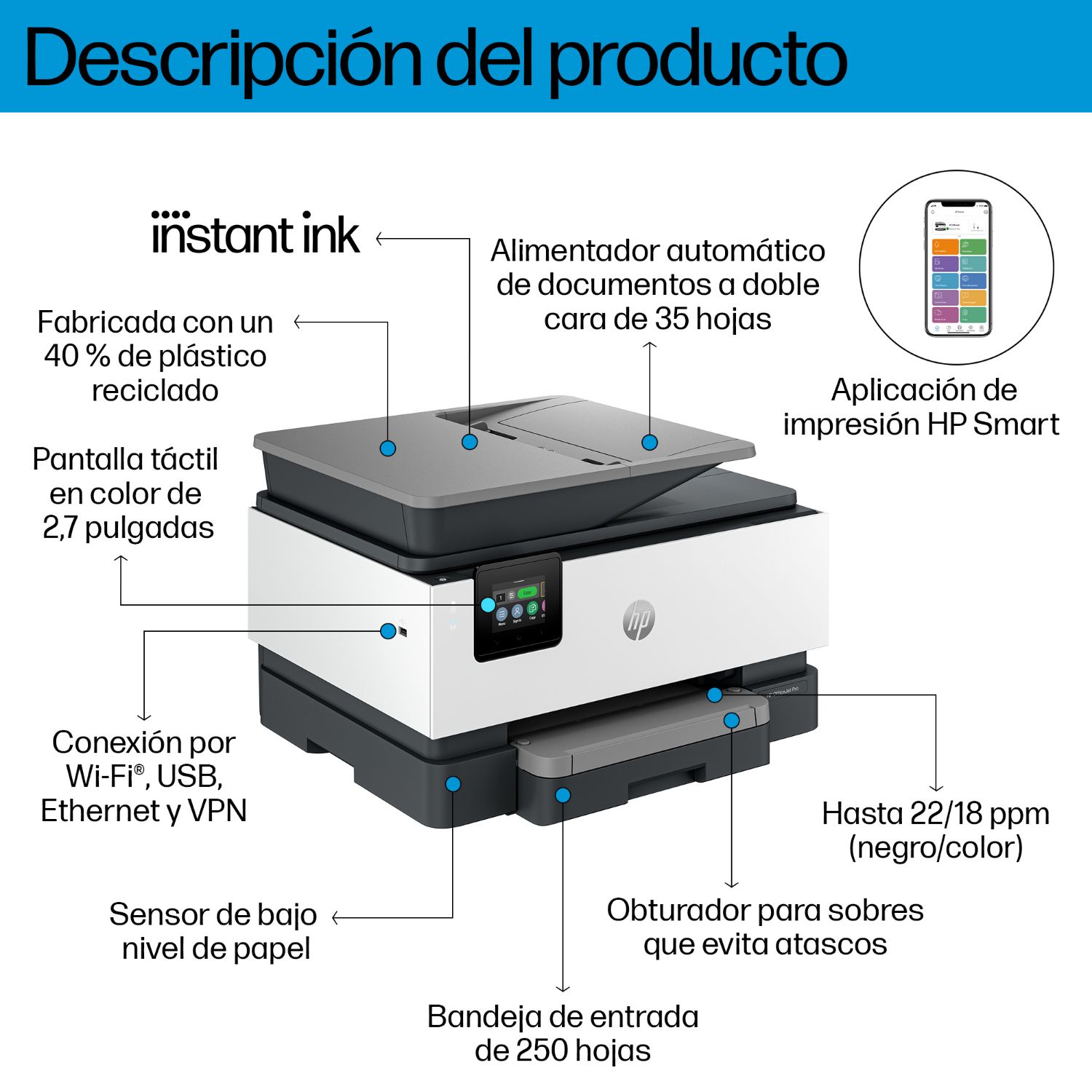 403X8B - Impresora Multifunci�n HP OfficeJet Pro 9120e Pantalla CGD 2.7? T�ctil Color 4800x1200dpi A4 Color ADF 35 Hojas USB WiFi Bluetooth Ethernet Fax D�plex Blanca/Gris (403X8B)