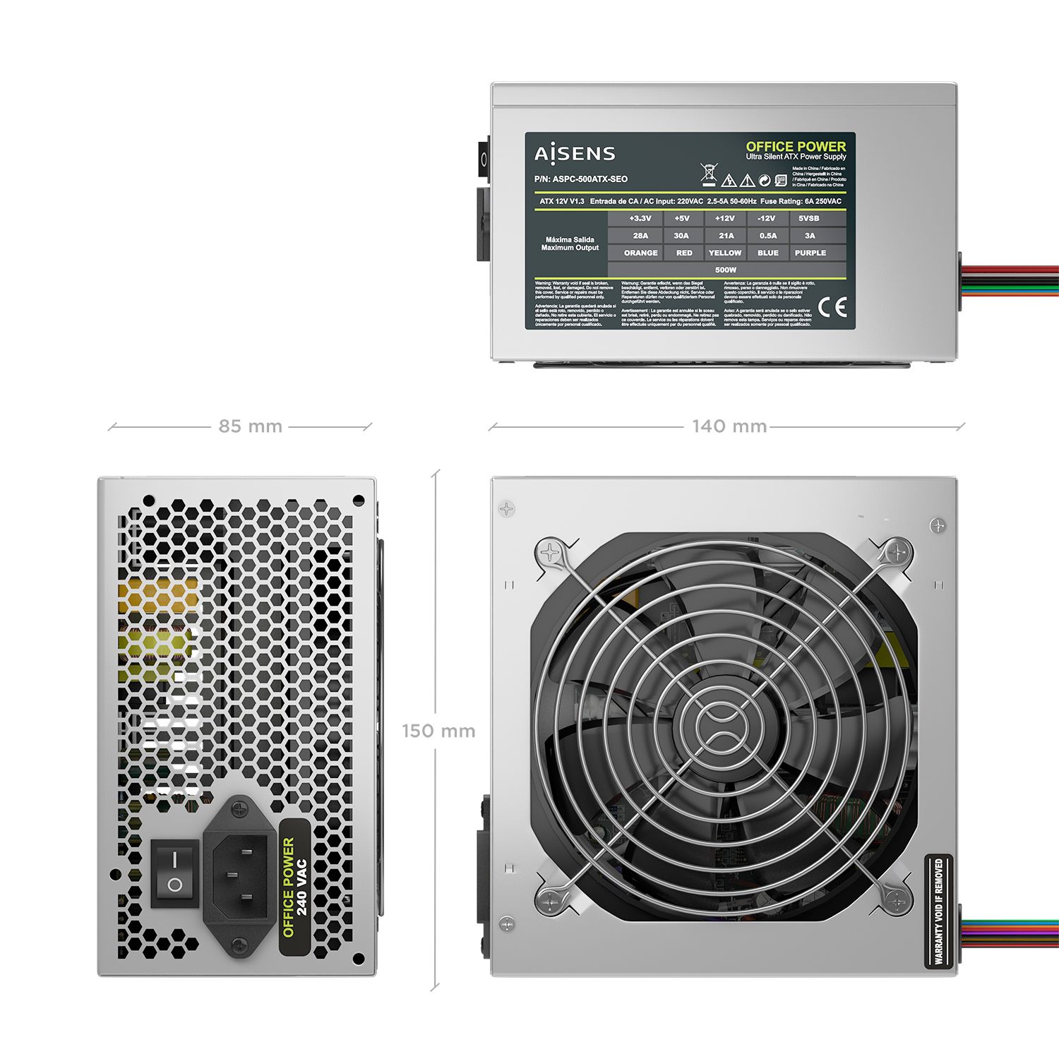 ASPC-500ATX-SEO - Fuente AISENS ATX 500W 12cm 20+4 pin ATX 2xMolex 4xSATA OEM Plata (ASPC-500ATX-SEO)