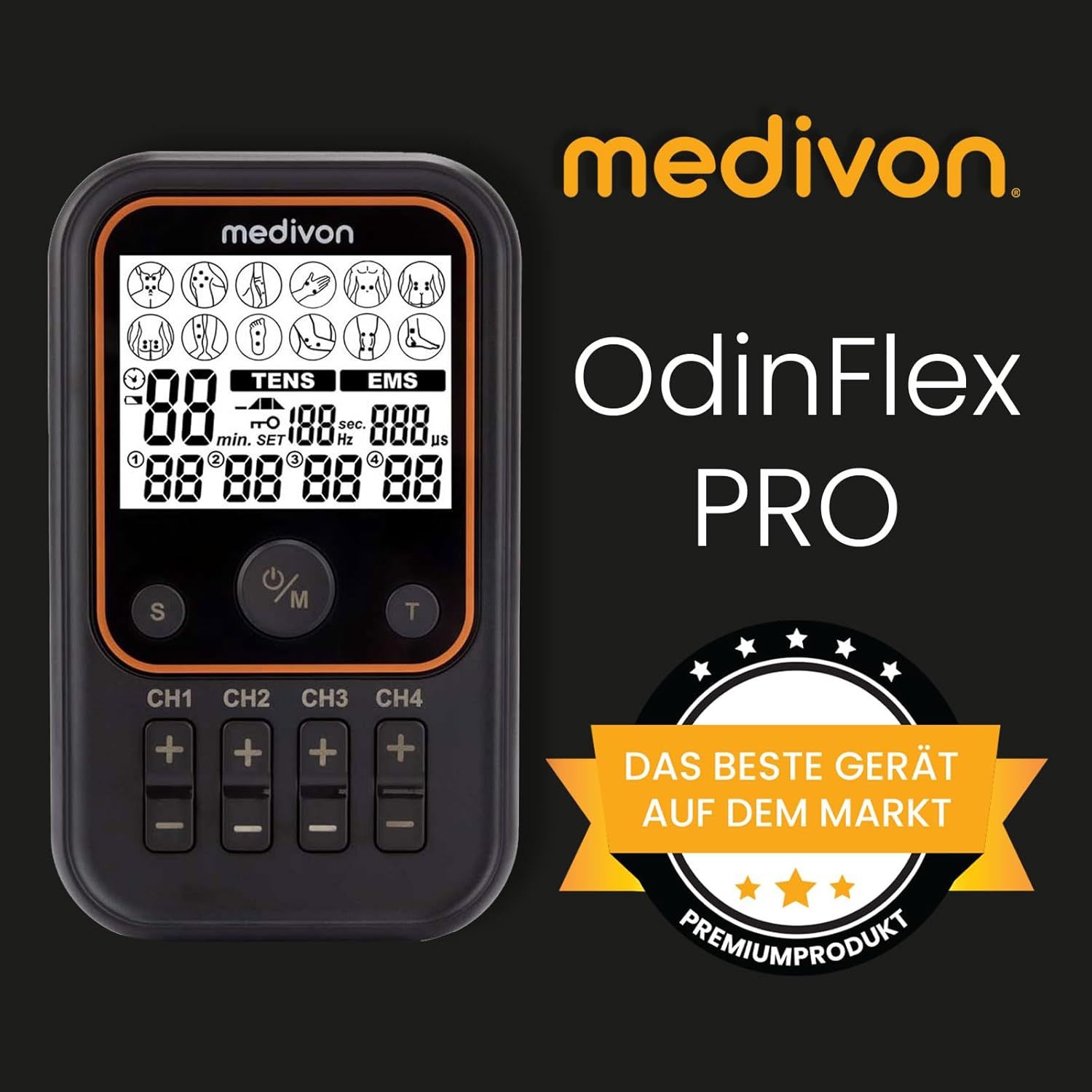 OdinFlex PRO - Electroestimulador Medivon OdinFlex PRO 30modos, 50programas de masaje, 4 canales para electrodos, frecuencia variable, intensidad ajustable, ayuda a recuperar la forma f�sica despu�s de lesiones o enfermedades, reduce el dolor, aumenta la fuerza.