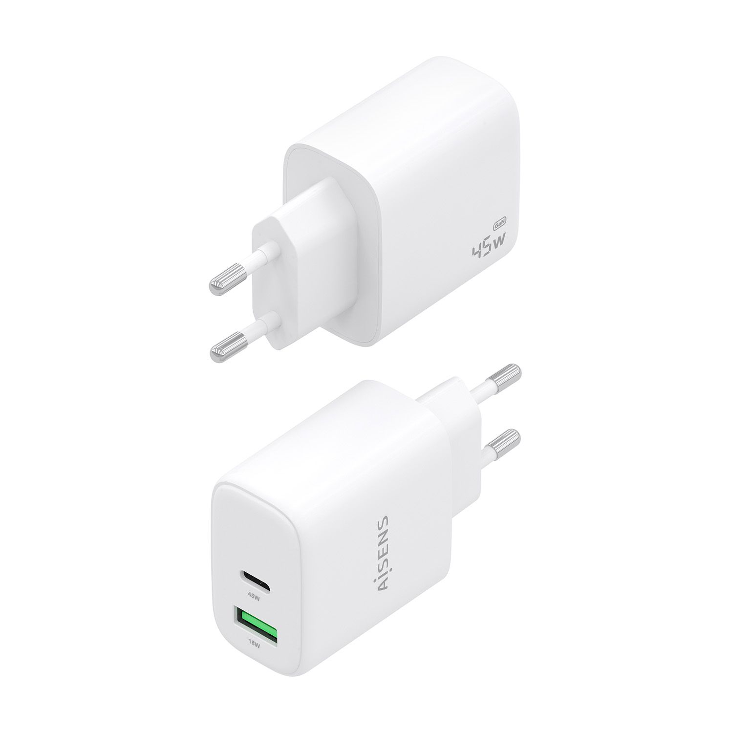 A110-0971 - Cargador de Pared AISENS GaN 45W 1xUSB-A QC 3.0 1xUSB-C PD 3.0 QC 4.0 Blanco (A110-0971)