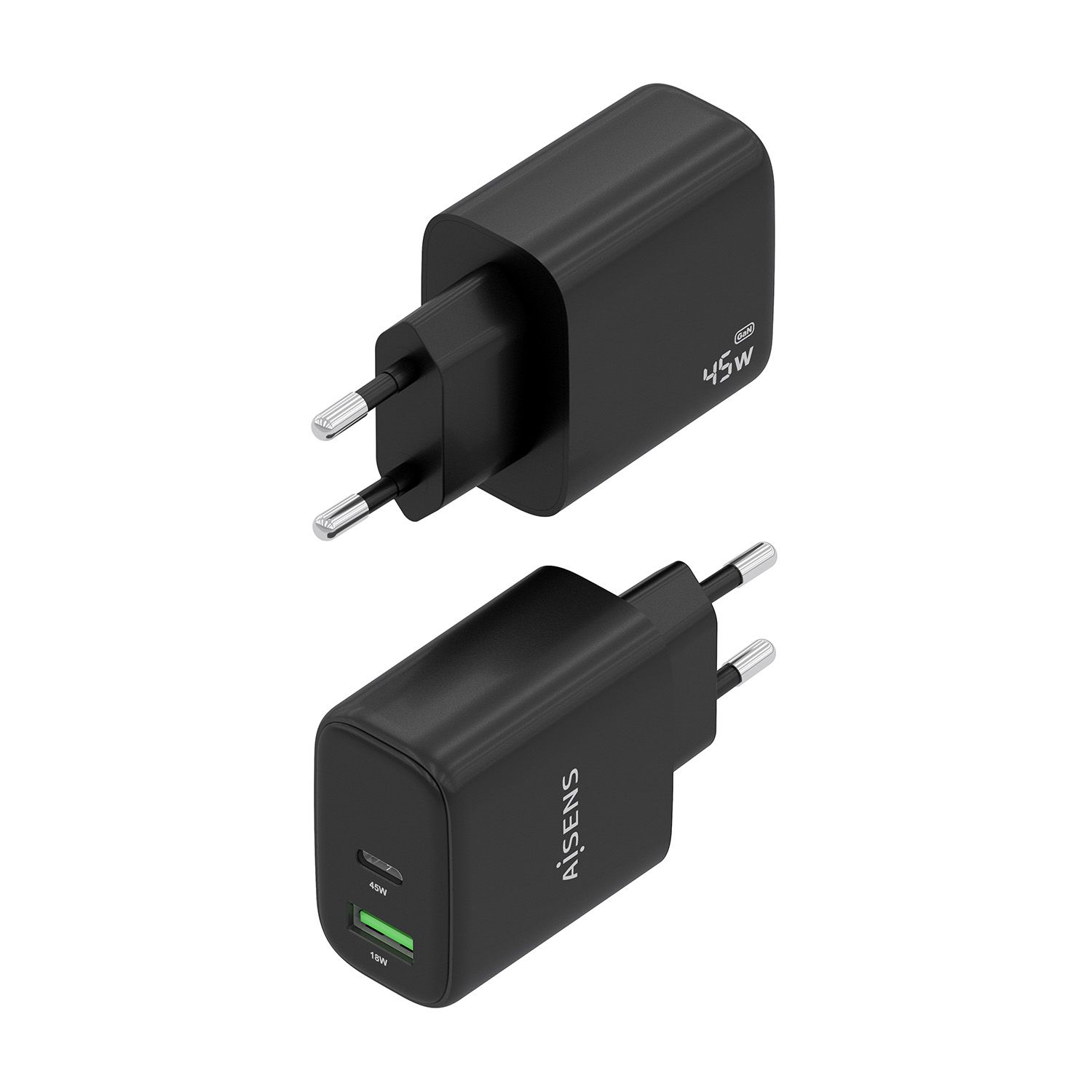 A110-0972 - Cargador de Pared AISENS GaN 45W 1xUSB-A QC 3.0 1xUSB-C PD 3.0 QC 4.0 Negro (A110-0972)
