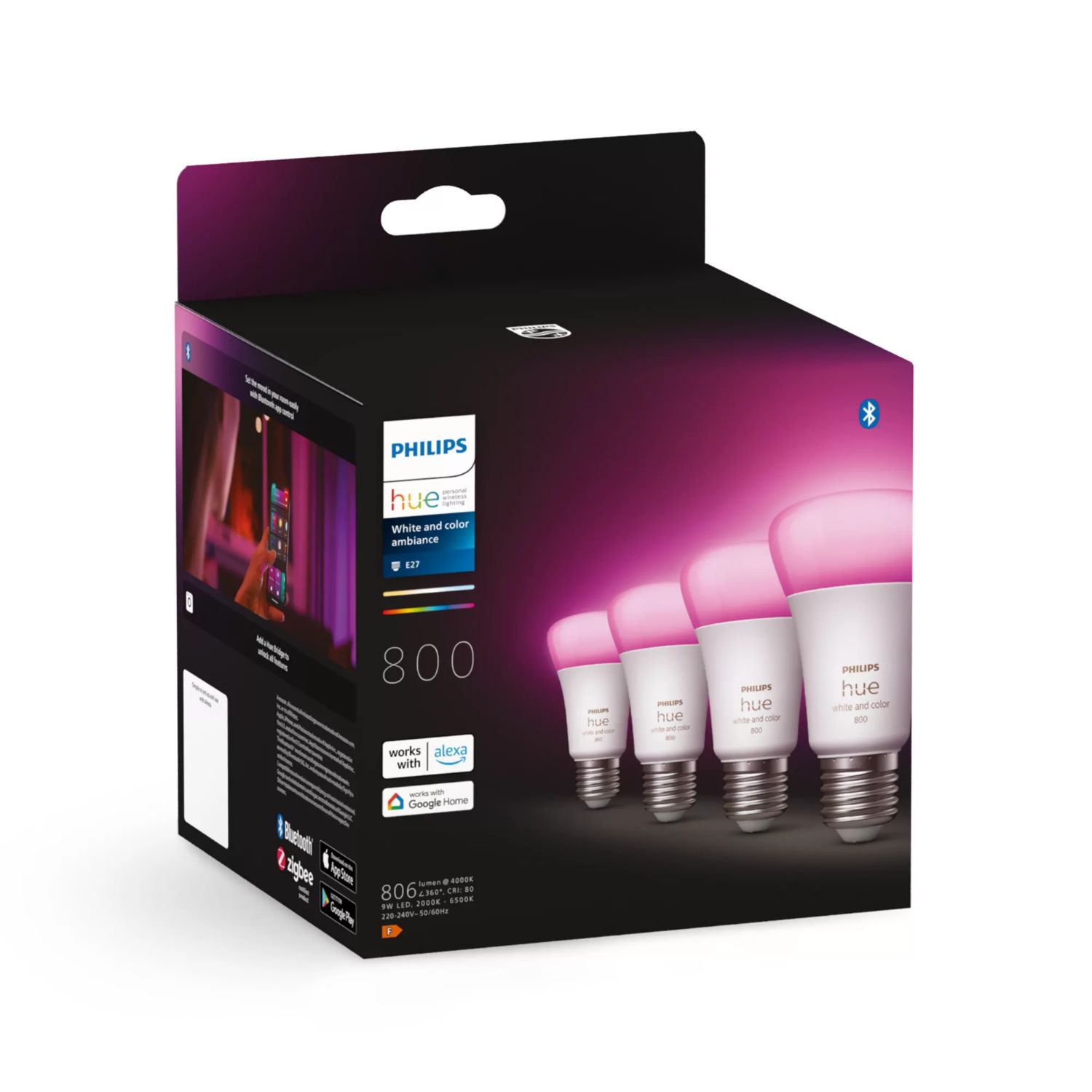 929002489604 - Bombilla Philips Hue LED Inteligente E27 806L 4Unidades. Luz Blanca y de Colores, Compatible con Alexa y Google Home. (929002489604)