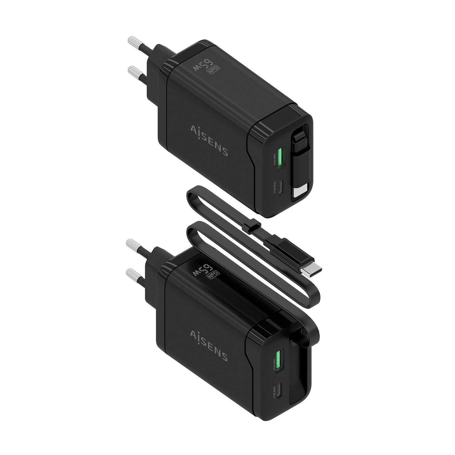ASCH-65W3P071-BK - Cargador de Pared Aisens GaN 1Usb-A, 1Usb-C PD3.0, 65W Cable Retr�ctil Usb-C, Negro. (ASCH-65W3P071-BK)