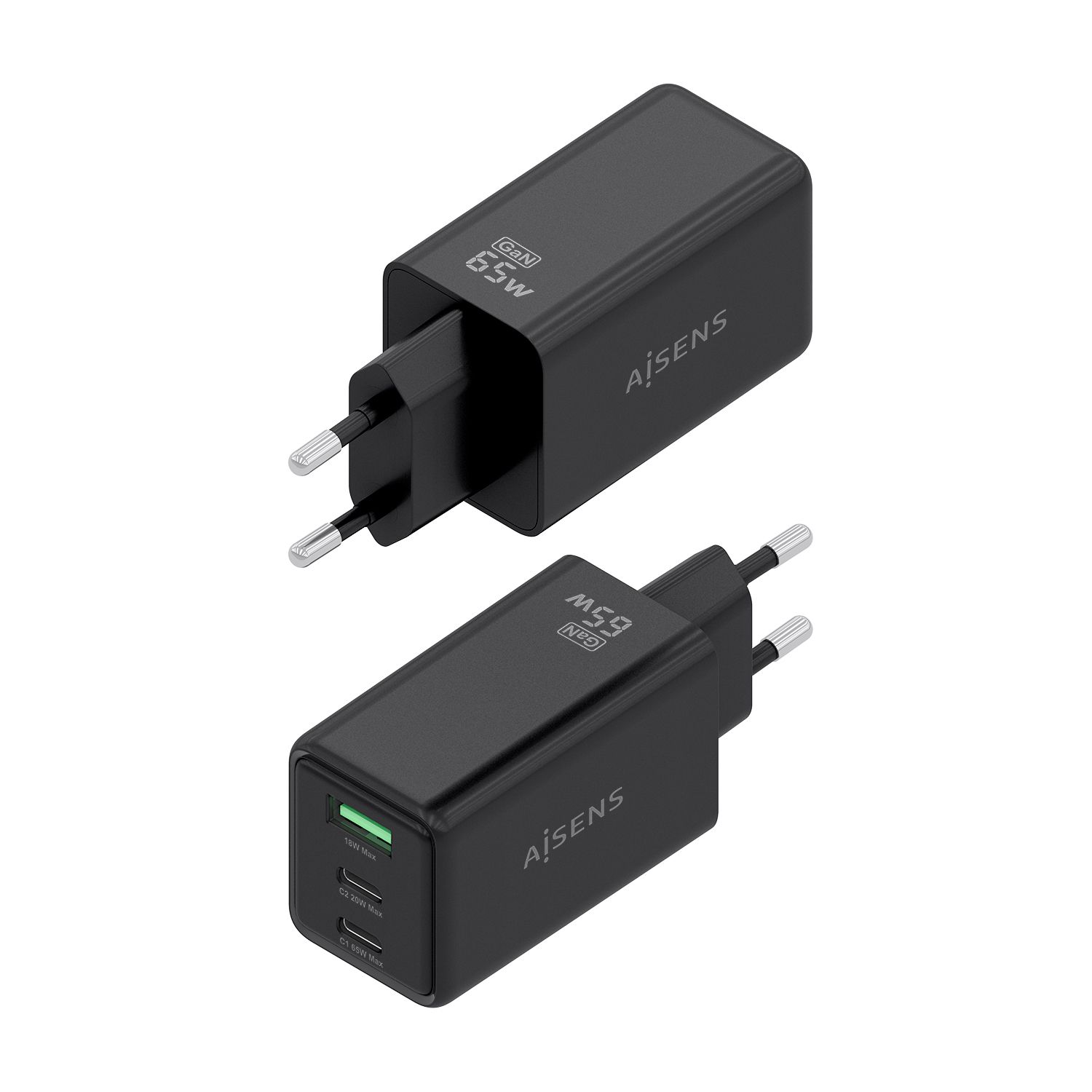 ASCH-65W3P073-BK - Cargador de Pared Aisens GaN 2Usb-C Usb-C 65W Negro (ASCH-65W3P073-BK)