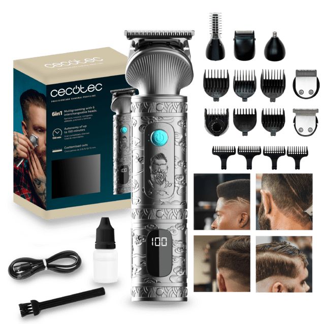 04458 - Perfiladora CecotecPrecisionCare Samurai Profiling, Multigrooming con 6 cabezales, 10 peines para diferentes zonas, cuchilla de acero inoxidable y 170 minutos de autonom�a. (04458)
