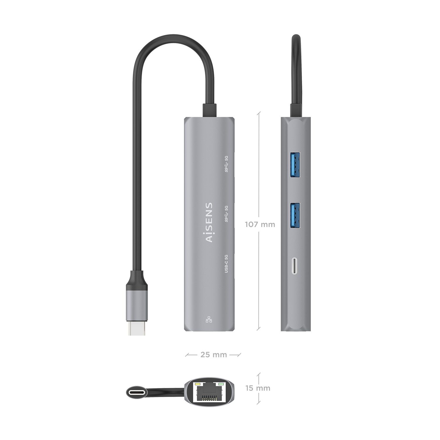 ASUC-4P039-GR - Docking Station AISENS Dock Usb-C3.1 a 2Usb-A3.1/1Usb-C3.1/1RJ45 15cm Gris (ASUC-4P039-GR)