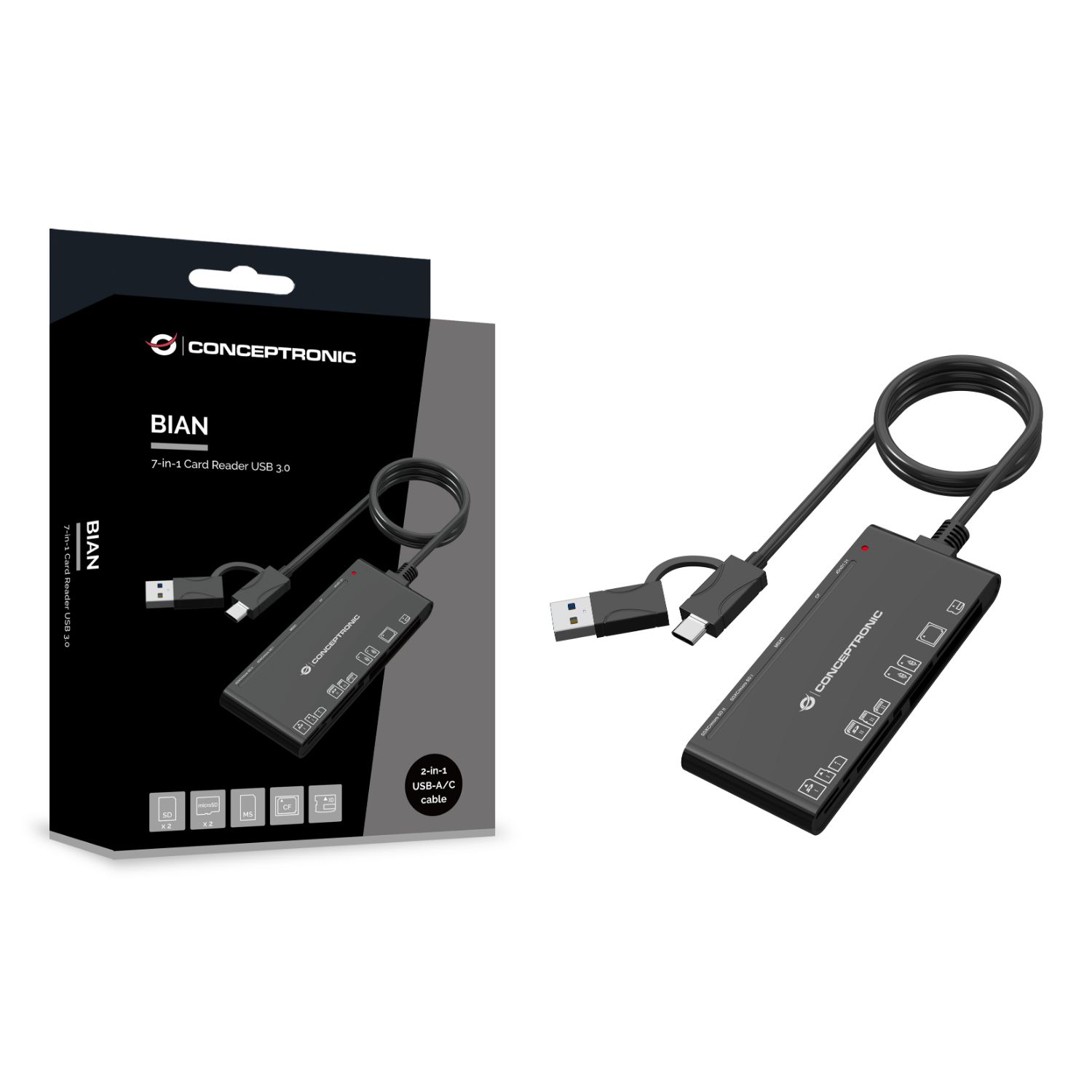 BIAN10B - Lector de Tarjetas CONCEPTRONIC 7en1 USB-A/C 3.0 a CF/MMC/mSD/mSDHC Negro (BIAN10B)