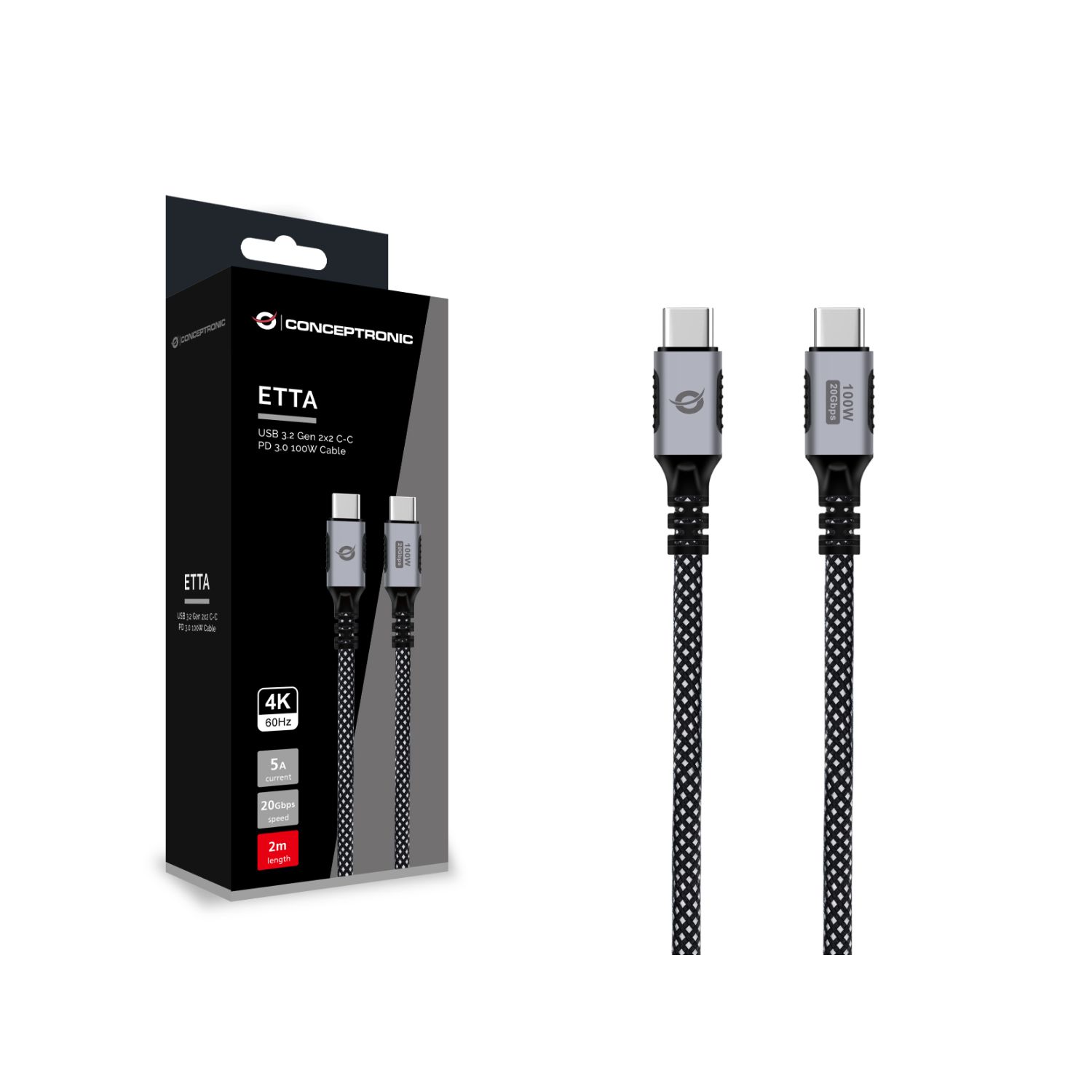 ETTA07B20 - Cable Conceptronic Usb-C a Usb-C PD 3.0 20Gbps, 4K60Hz, 100W, 2m (ETTA07B20)