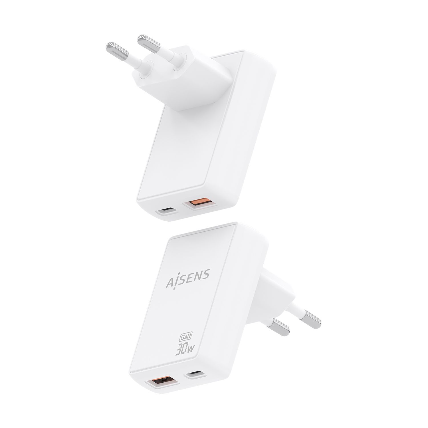 ASCH-30W2P074-W - Cargador de Pared AISENS GaN 30W PD 3.0 QC 3.0 1xUSB-A 1xUSB-C Blanco (ASCH-30W2P074-W)