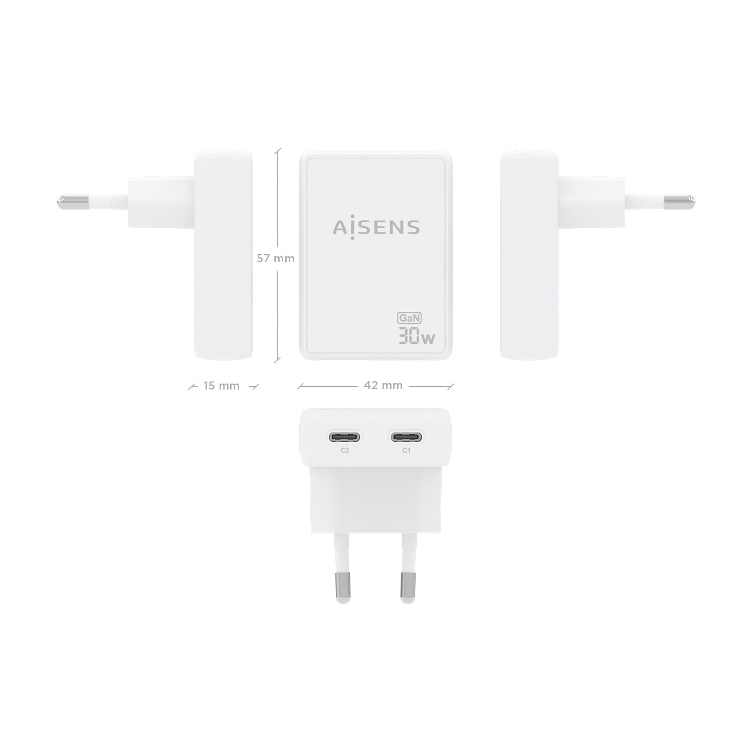 ASCH-30W2P075-W - Cargador de Pared AISENS GaN 30W PD 3.0 QC 3.0 2xUSB-C Blanco (ASCH-30W2P075-W)
