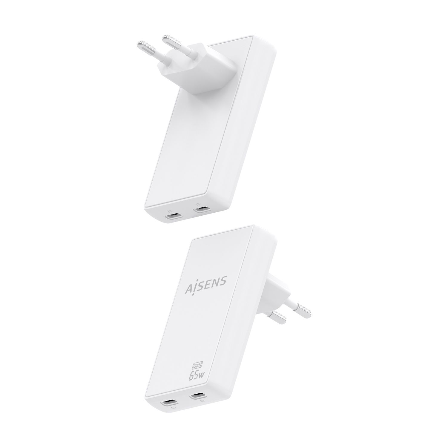 ASCH-65W2P077-W - Cargador de Pared AISENS GaN 65W PD 3.0 QC 3.0 2xUSB-C Blanco (ASCH-65W2P077-W)