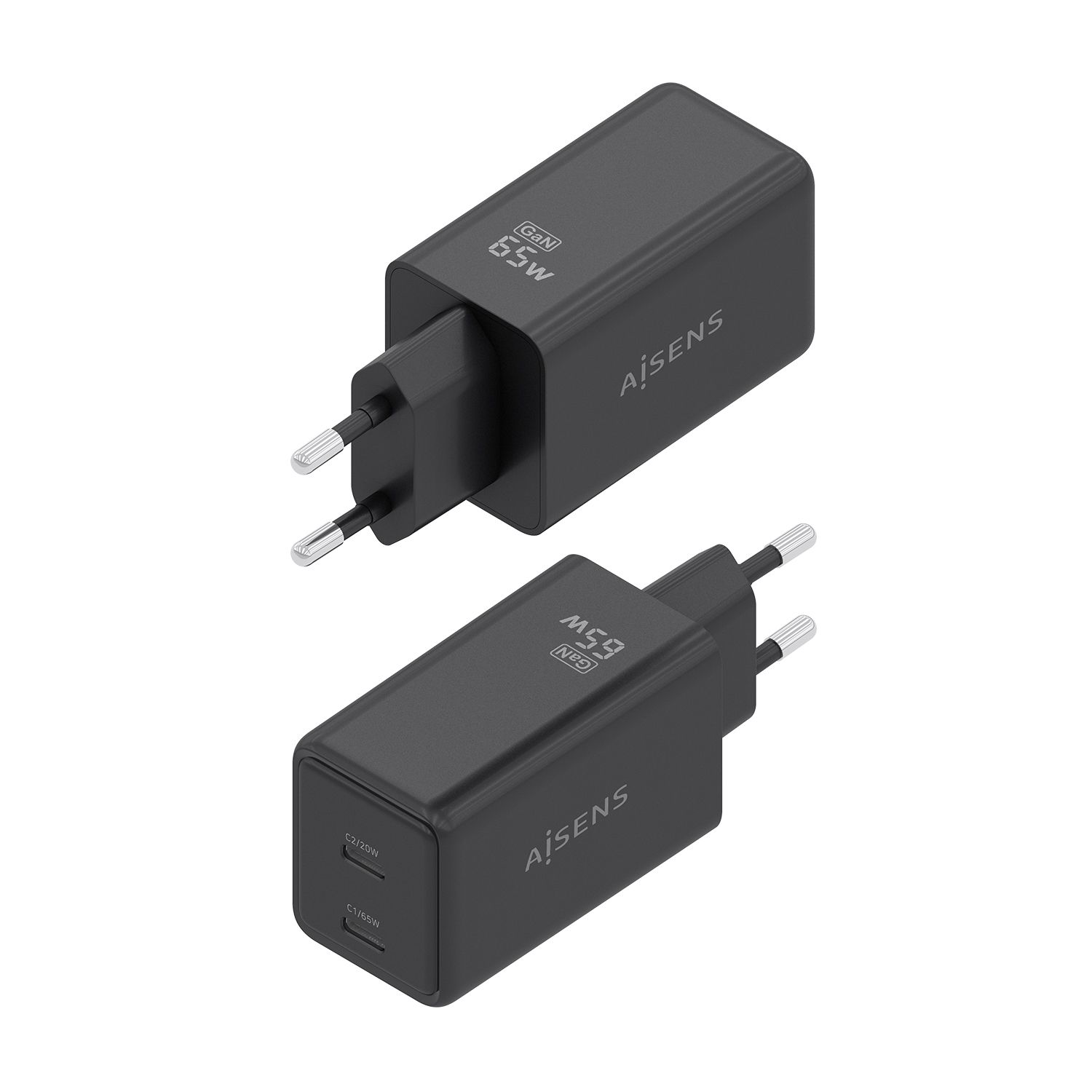 ASCH-65W2P079-BK - Cargador de Pared AISENS GaN 65W PD 3.0 QC 3.0 2xUSB-C Negro (ASCH-65W2P079-BK)