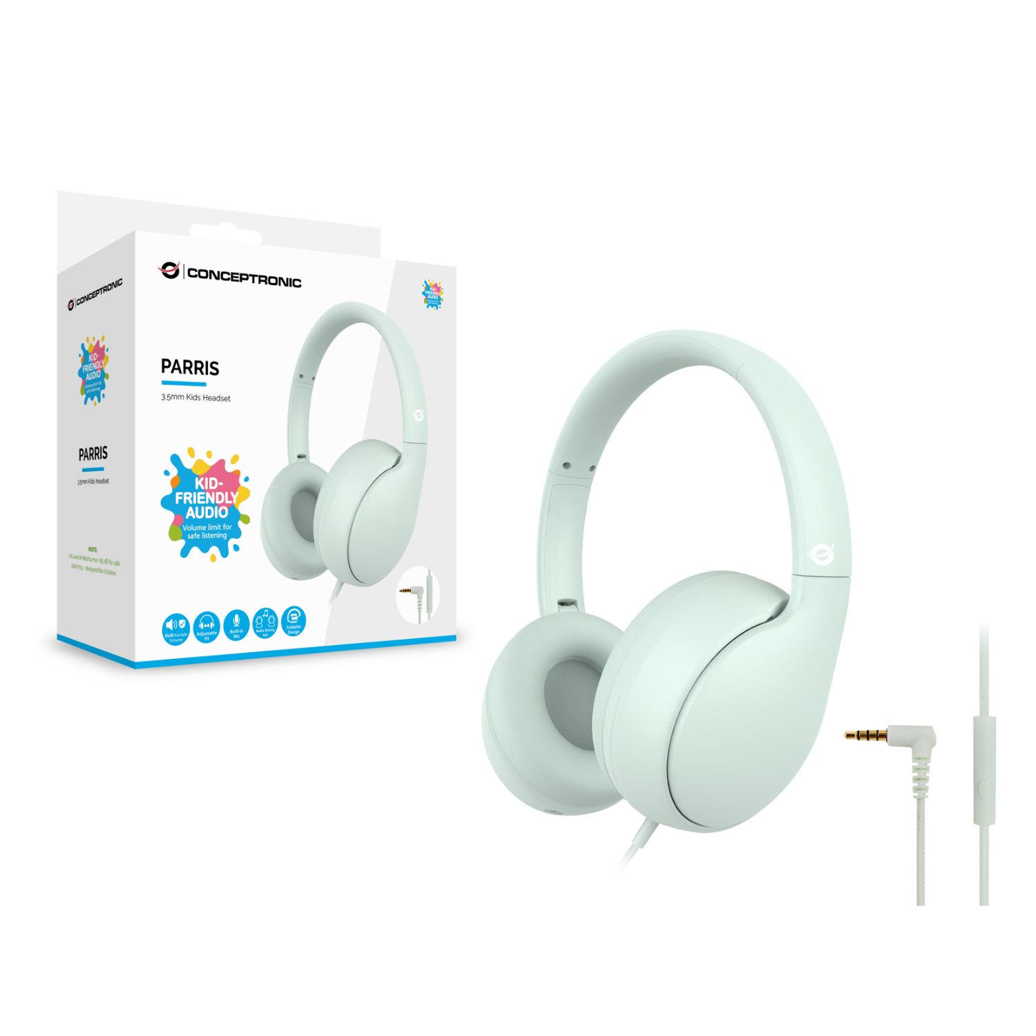 PARRIS04GT - Auriculares Infantiles CONCEPTRONIC 2.0 Circumaurales Binaurales Plegables Micr�fono Integrado 3.5mm Cable Trenzado 1.6m Verde Claro (PARRIS04GT)
