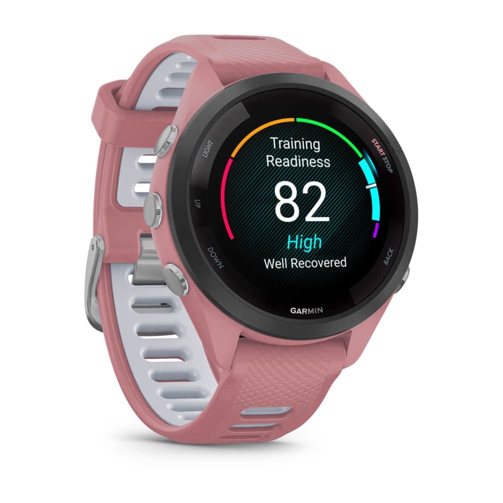 010-02810-15 - Smartwatch Garmin Forerunner 265S 42mm Bisel negro con carcasa en rosa y correa de silicona en rosa/gris. (010-02810-15)