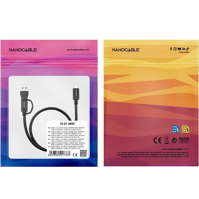 10.01.4800 - Cable Nanocable USB-C+USB-A/M a USB-C/M PD 60W 0.5m Negro (10.01.4800)