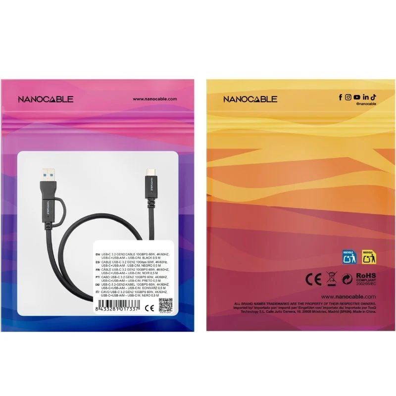 10.01.4802 - Cable Nanocable USB-C+USB-A/M a USB-C/M PD 60W 2m Negro (10.01.4802)