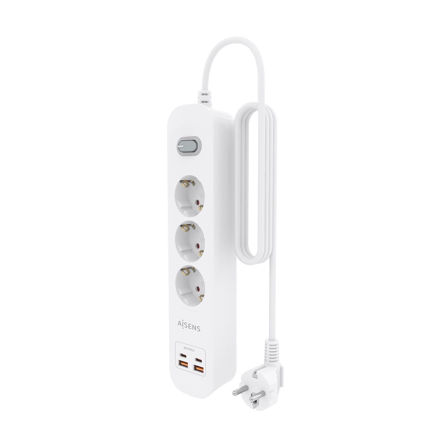 ASPS-2A2C10-W - Regleta AISENS 3 Tomas 2xUSB-C 2xUSB-A PD 3.0 QC 3.0 Cable 1.4m Blanca (ASPS-2A2C10-W)