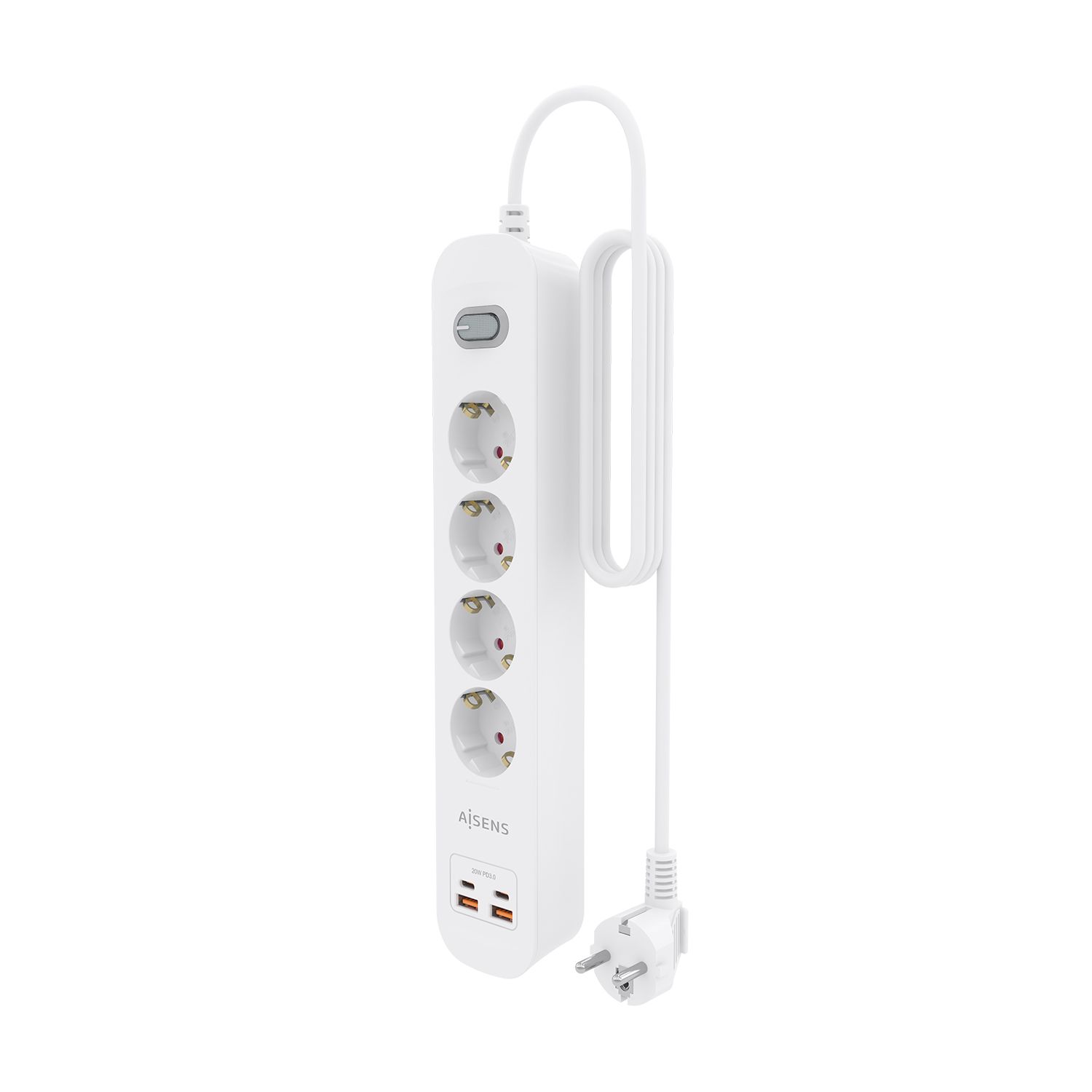 ASPS-2A2C12-W - Regleta AISENS 4 Tomas 2xUSB-C 2xUSB-A PD 3.0 QC 3.0 Cable 1.4m Blanca (ASPS-2A2C12-W)
