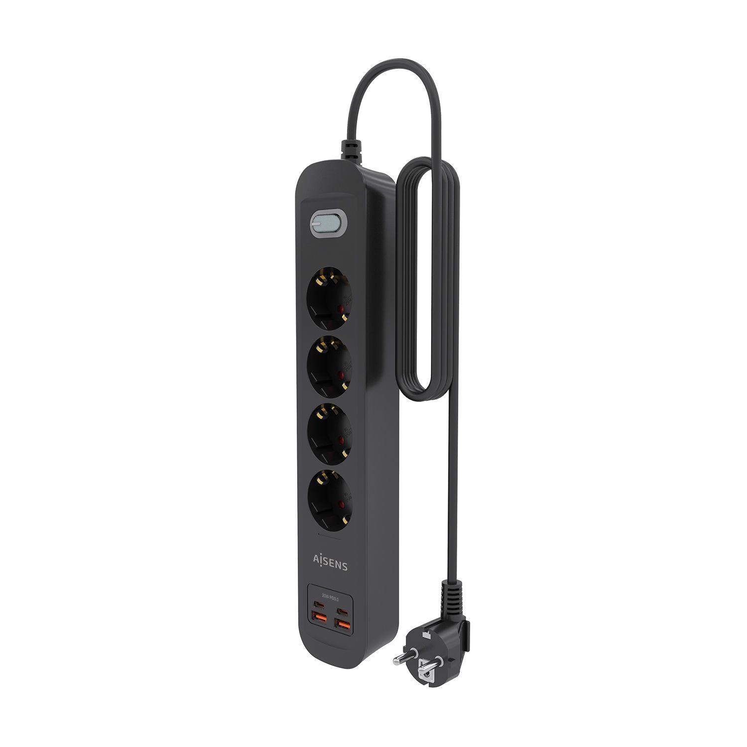 ASPS-2A2C13-BK - Regleta AISENS 4 Tomas 2xUSB-C 2xUSB-A PD 3.0 QC 3.0 Cable 1.4m Negra (ASPS-2A2C13-BK)