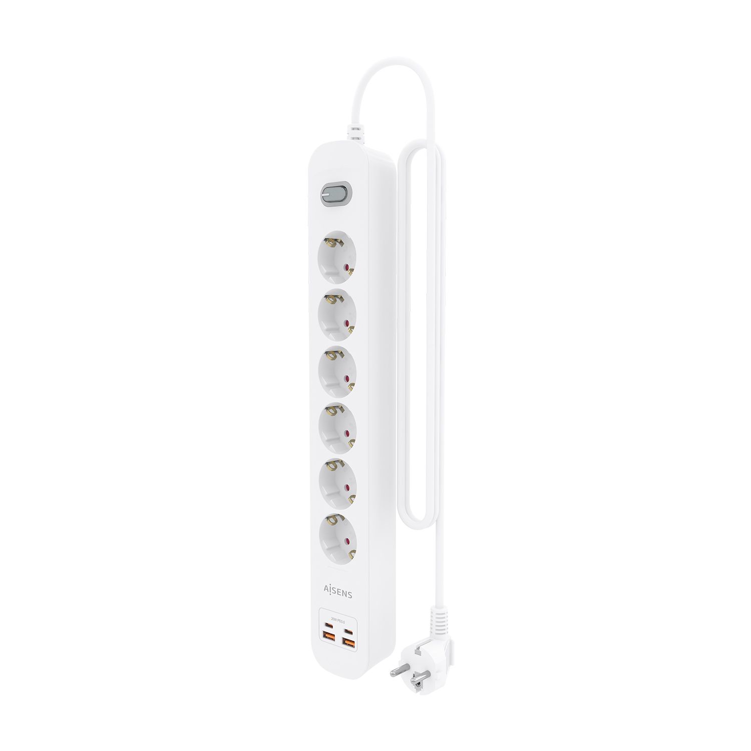ASPS-2A2C16-W - Regleta AISENS 6 Tomas 2xUSB-C 2xUSB-A PD 3.0 QC 3.0 Cable 1.4m Blanca (ASPS-2A2C16-W)