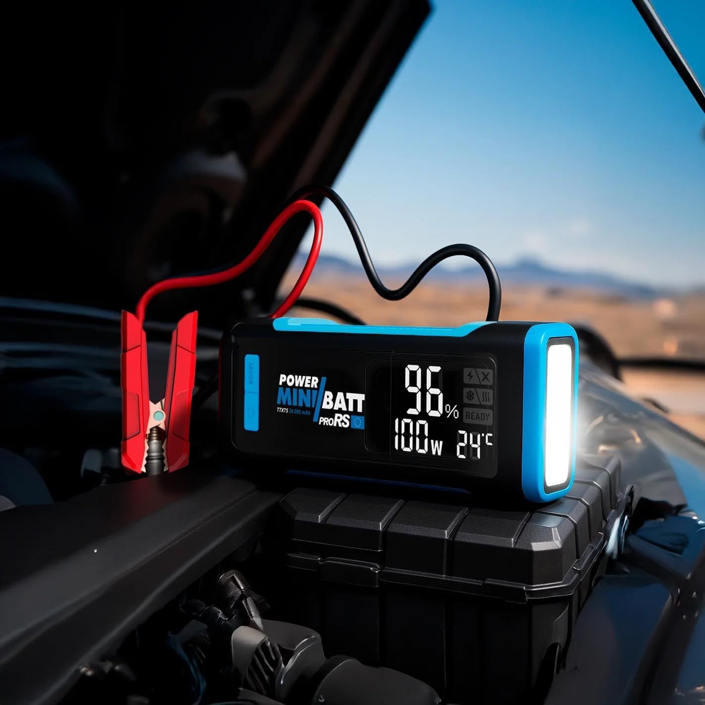 MB-PRORS - Arrancador MiniBatt 24000mAh + Tester intergado, para Motores Gasolina y di�sel hasta 8.000CC, Powerbank profesional PD 100W con salida Usb-C. linterna LED. (MB-PRORS)