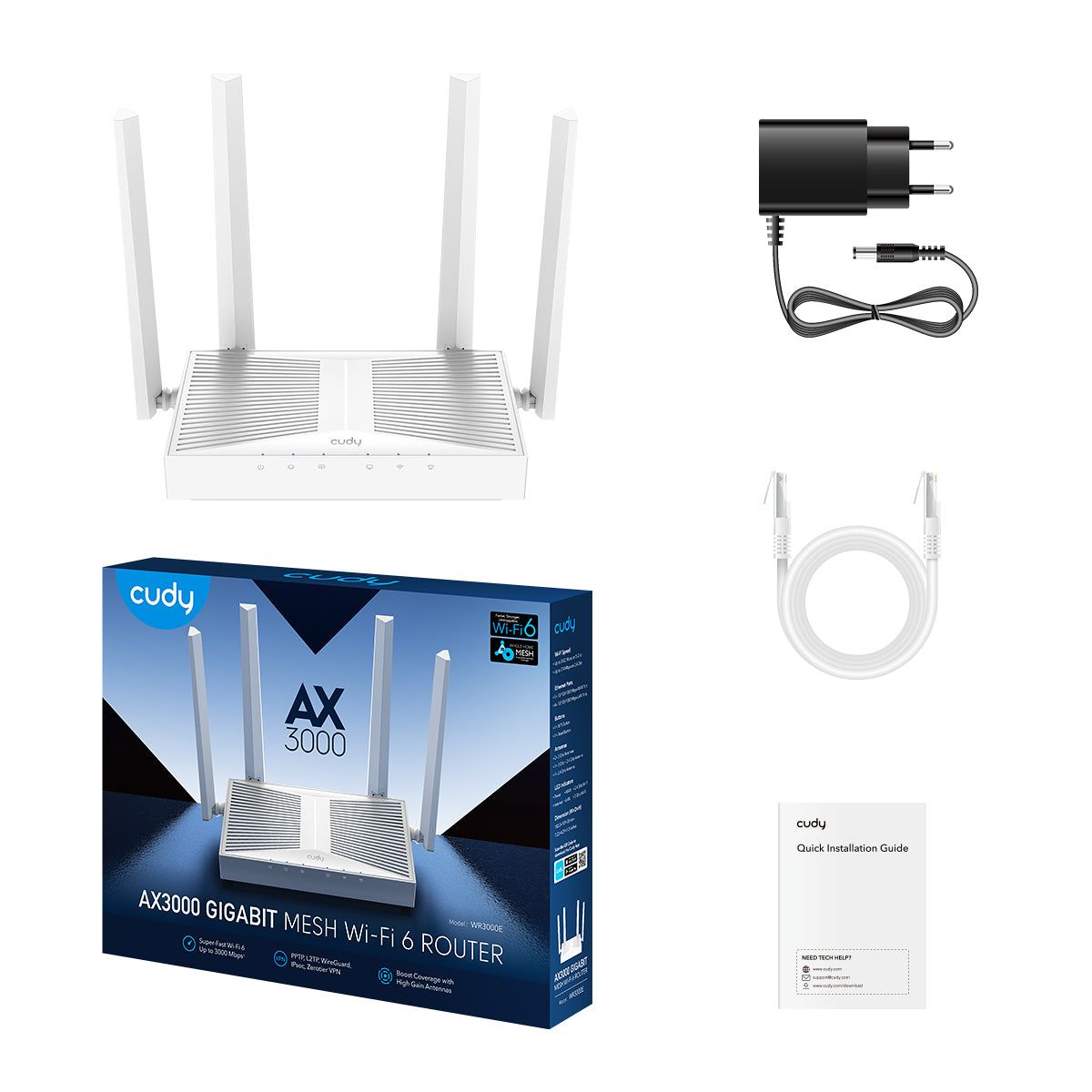 WR3000E - Router CUDY AX3000 ARM Cortex-A53 WiFi 6 Dual Band 5xRJ45 Ethernet LAN GbE 4 Antenas Externas 2x2 5dBi Blanco (WR3000E)