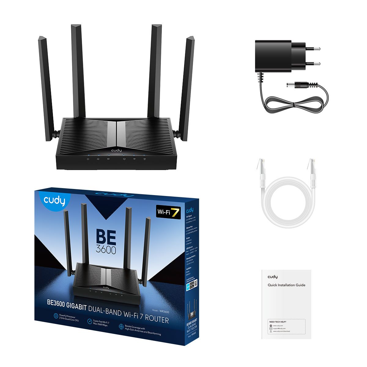 WR3600 - Router CUDY BE3600 ARM Cortex A7 WiFi 7 Dual Band 5xRJ45 Ethernet LAN GbE 4 Antenas Externas 2x2 5.5dBi Negro (WR3600)