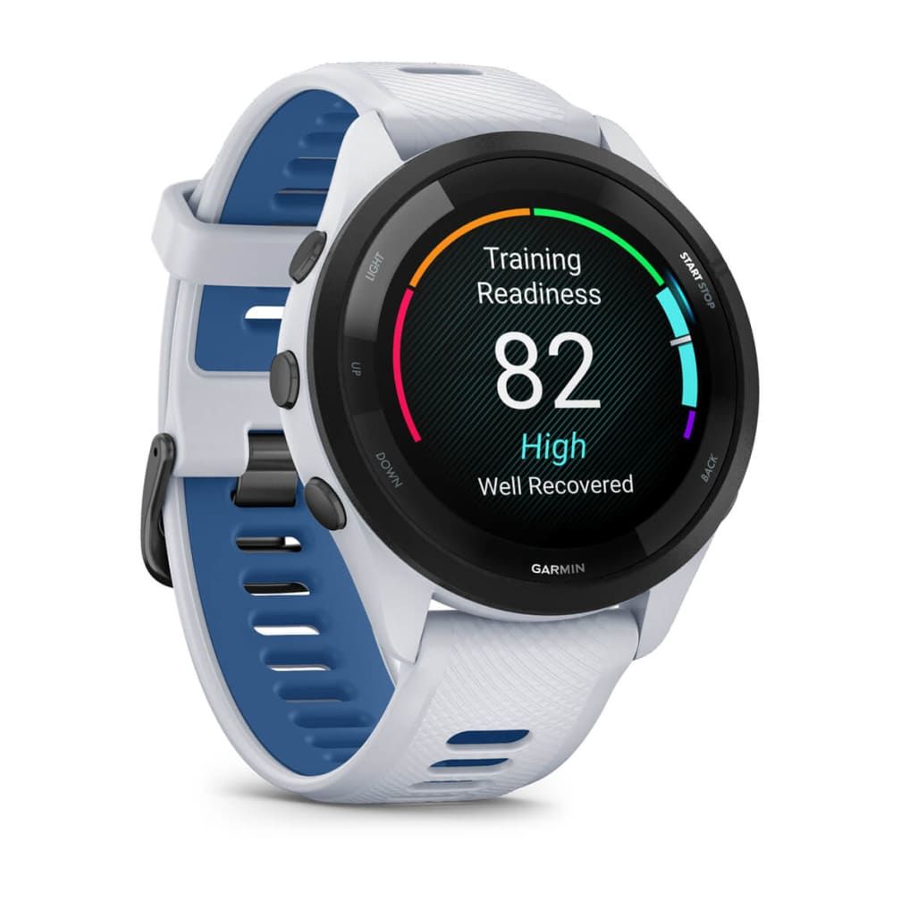 010-02810-11 - Smartwatch Garmin Forerunner 265 AMOLED Digital T�ctil Color 1.3? 46mm 8Gb Multideporte WiFi Bluetooth GPS Cuerpo Blanco/Negro Correa Silicona Blanca/Azul (010-02810-11)