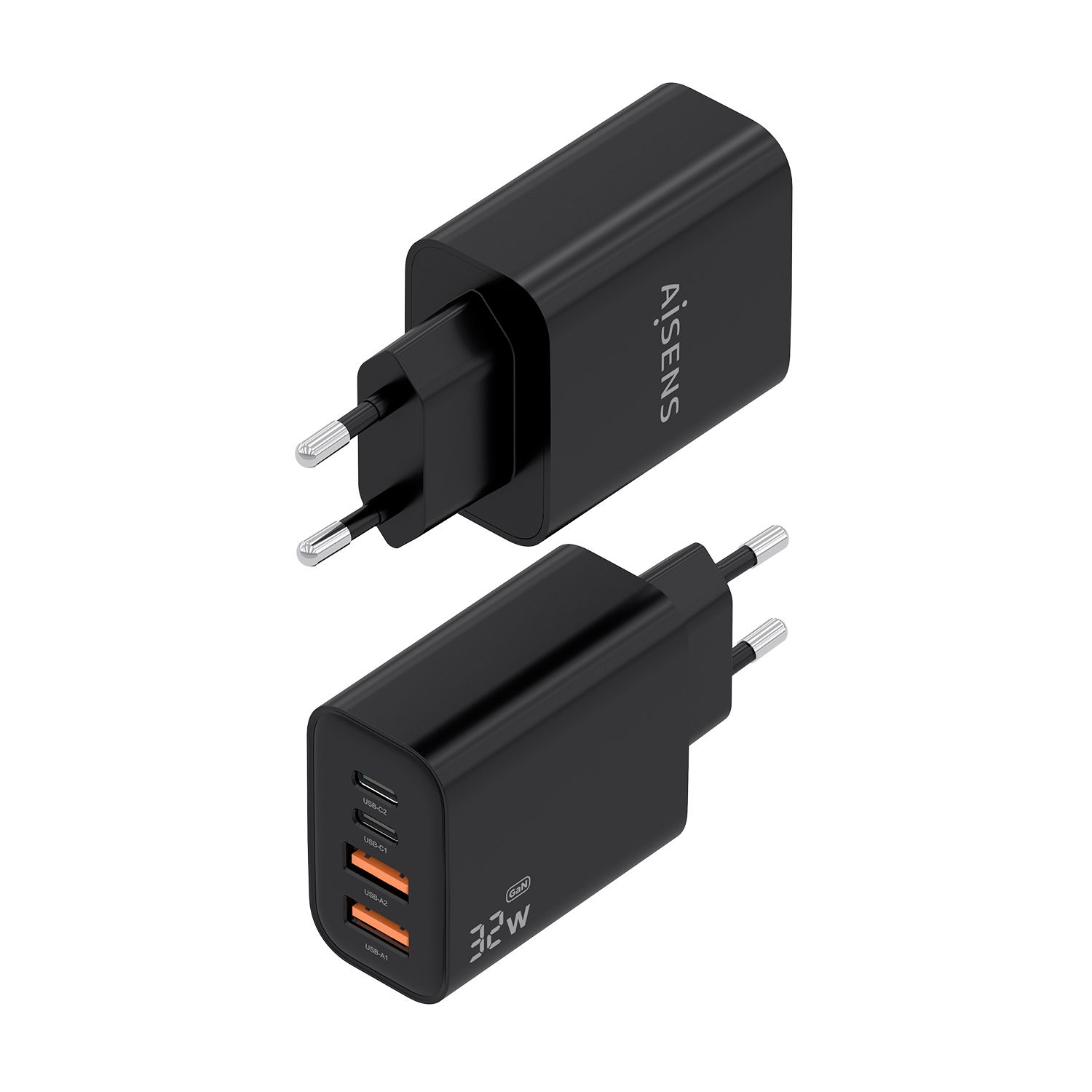 A110-1028 - Cargador de Pared AISENS GaN 32W PD 3.0 QC 3.0 2xUSB-A 2xUSB-C Negro (A110-1028)