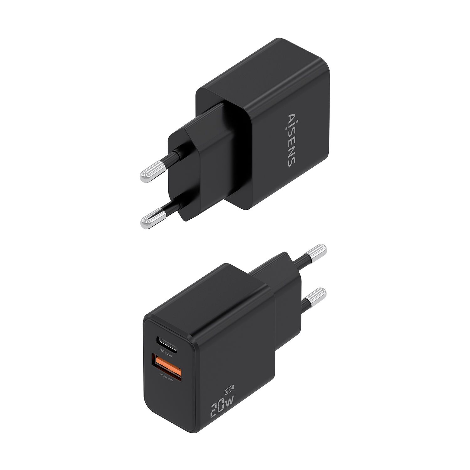 A110-1026 - Cargador de Pared AISENS GaN 20W PD 3.0 QC 3.0 1xUSB-A 1xUSB-C Negro (A110-1026)
