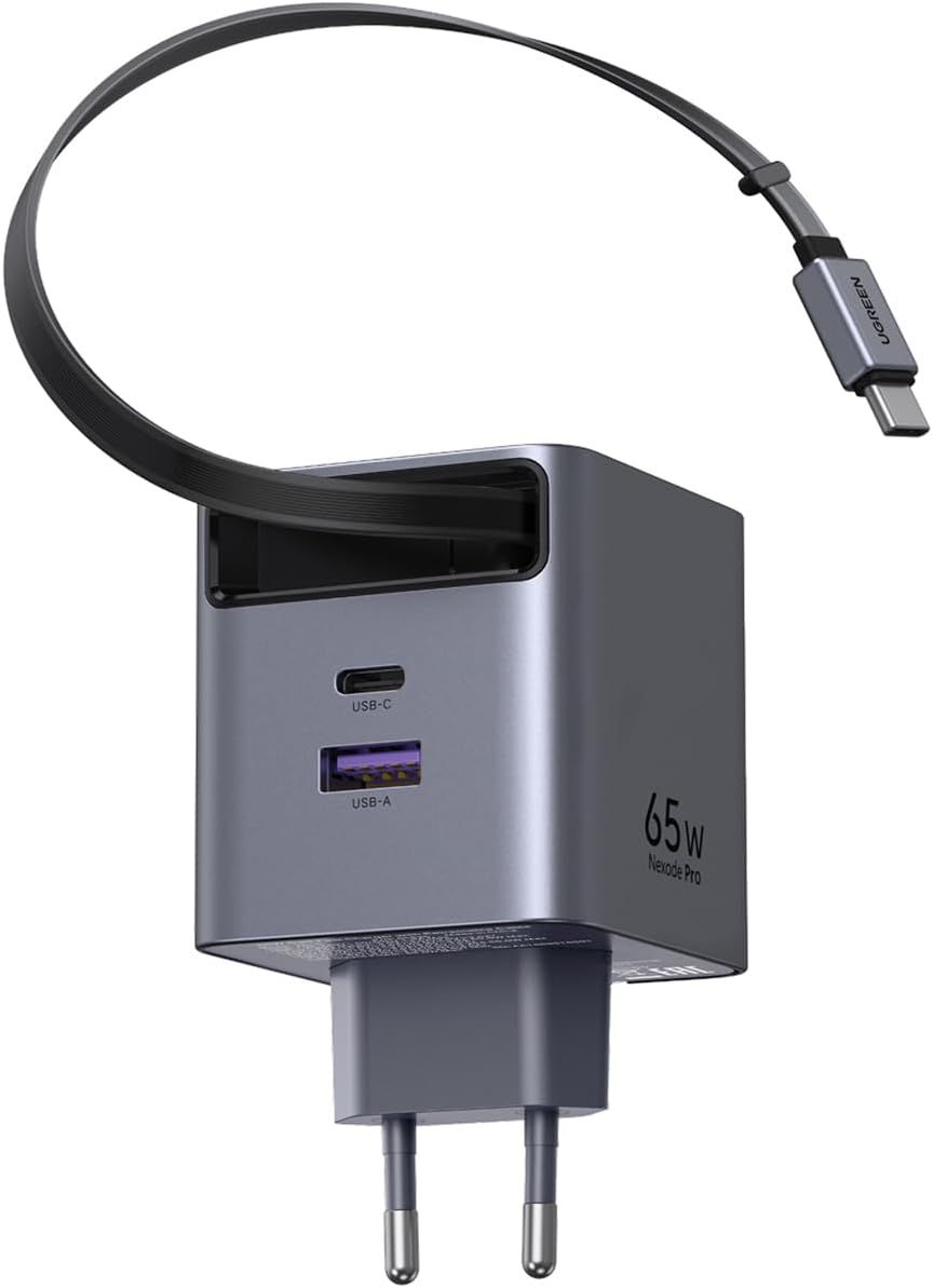 65825 - Cargador Ugreen GaN 65W 1xUSB-A 1xUSB-C Carga R�pida Cable Retr�ctil Gris (65825)
