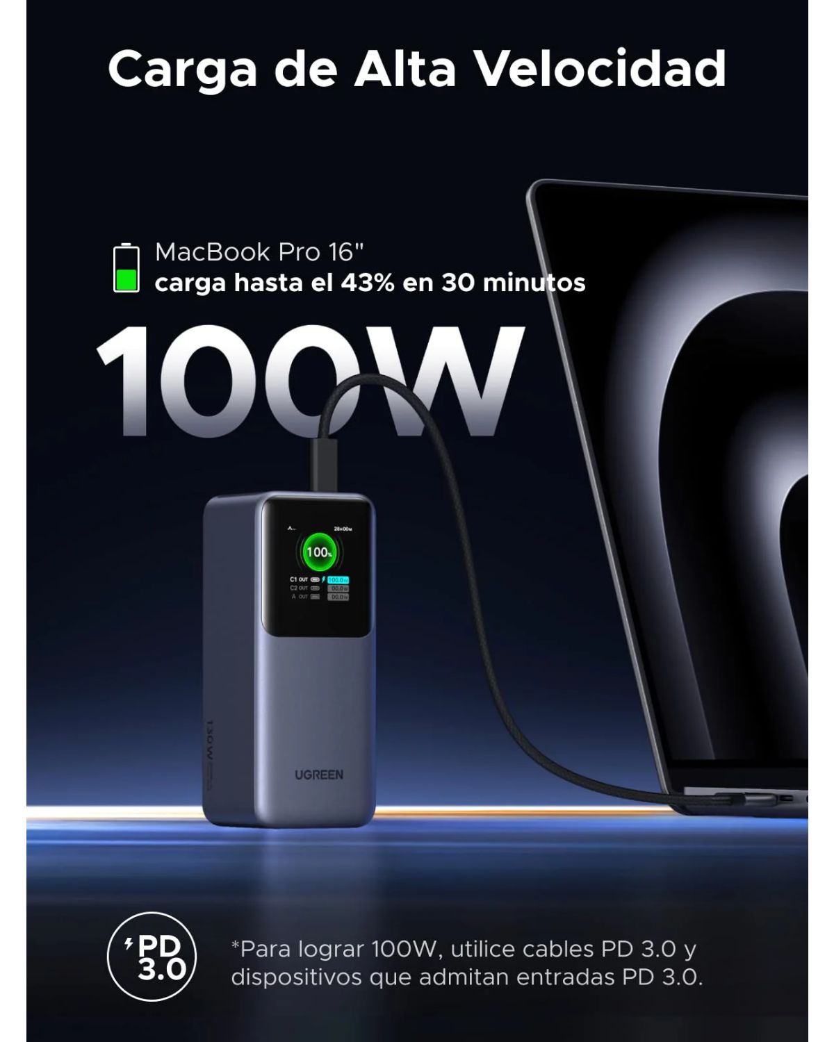 35524B - PowerBank Ugreen Nexode 20000 mAh 130W 1xUSB-A 2xUSB-C Gris (35524B)