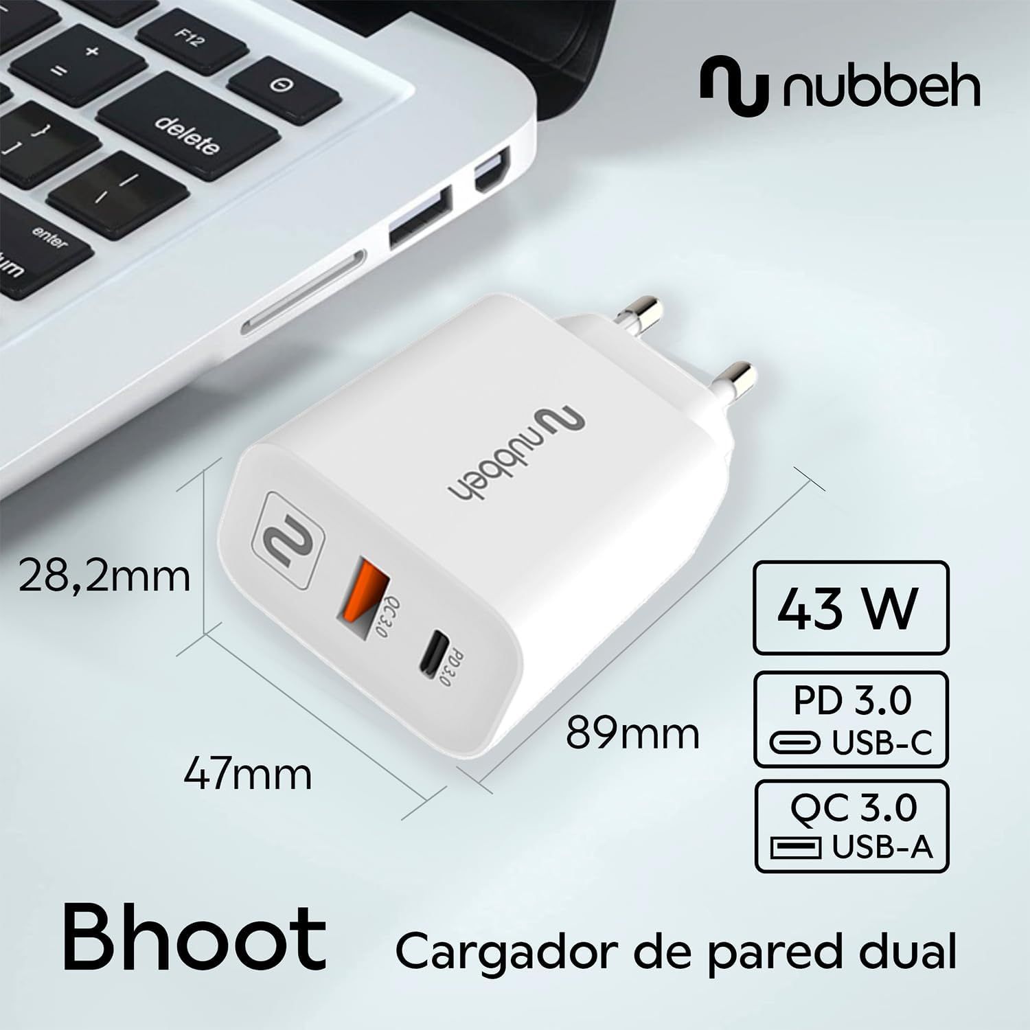 NBWALLCHUSBCW43 - Cargador Pared NUBBEH 43W Usb-A Usb-C QC3.0 Blanco (NBWALLCHUSBCW43)