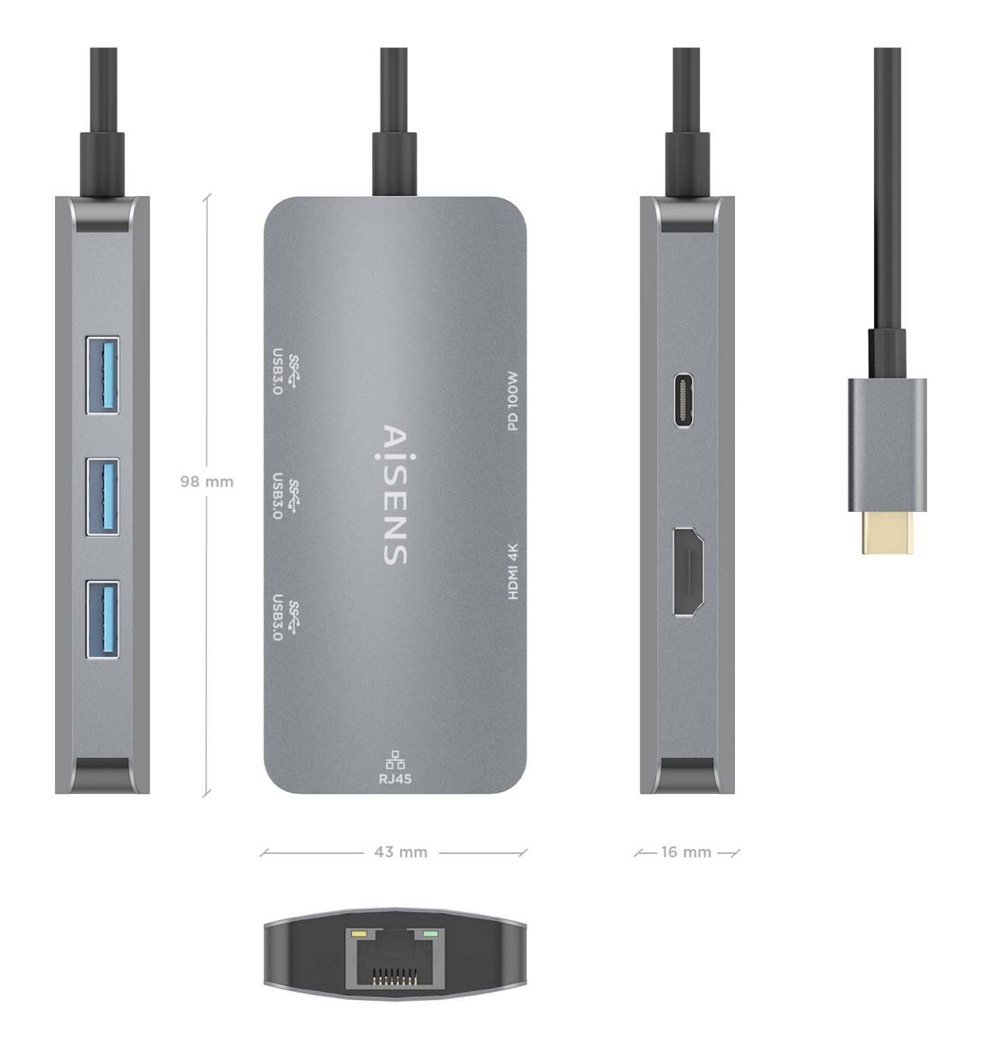 ASUC-6P019-GR - Docking Station AISENS USB-C a 1xHDMI/3xUSB-A/1xUSB-C PD 100W/RJ45 Gris (ASUC-6P019-GR)