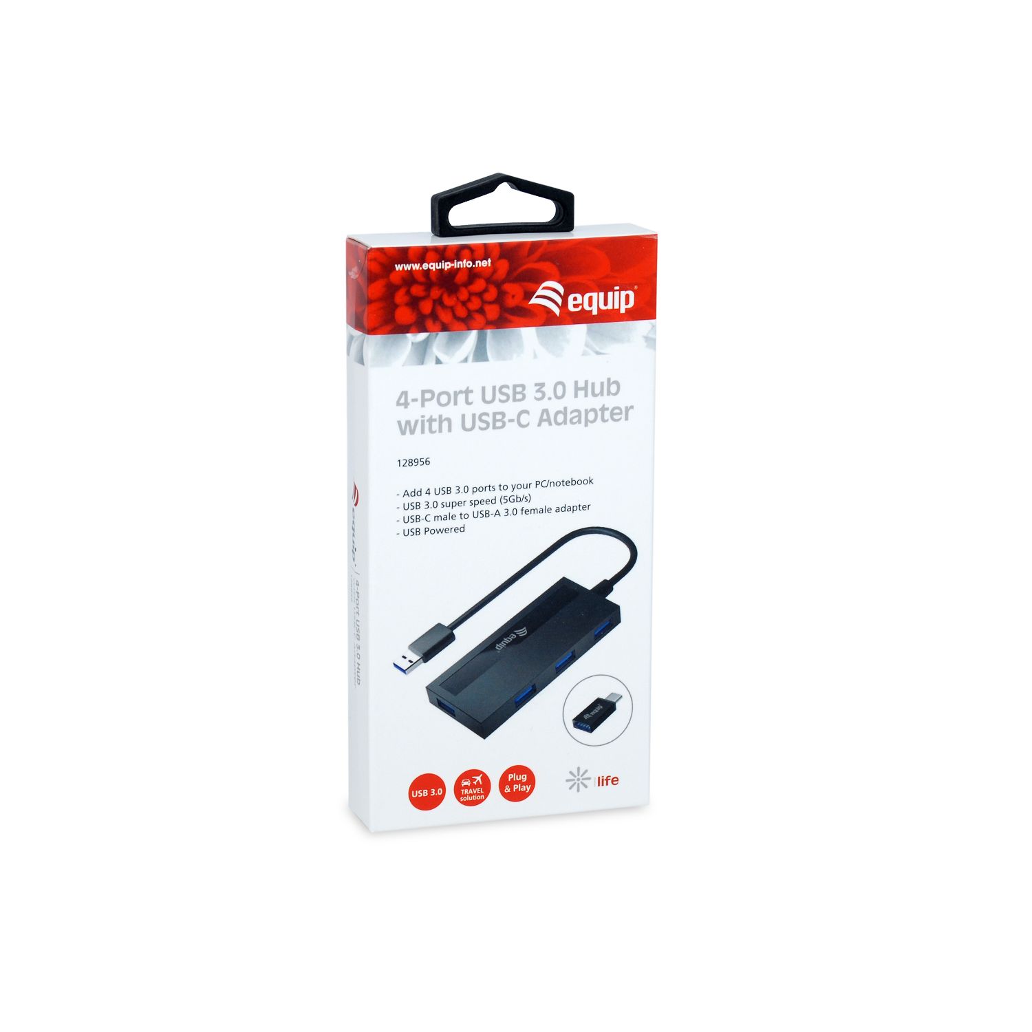 128956 - Hub EQUIP Life USB-A a 4xUSB-A + Adaptador USB-C Negro (128956)