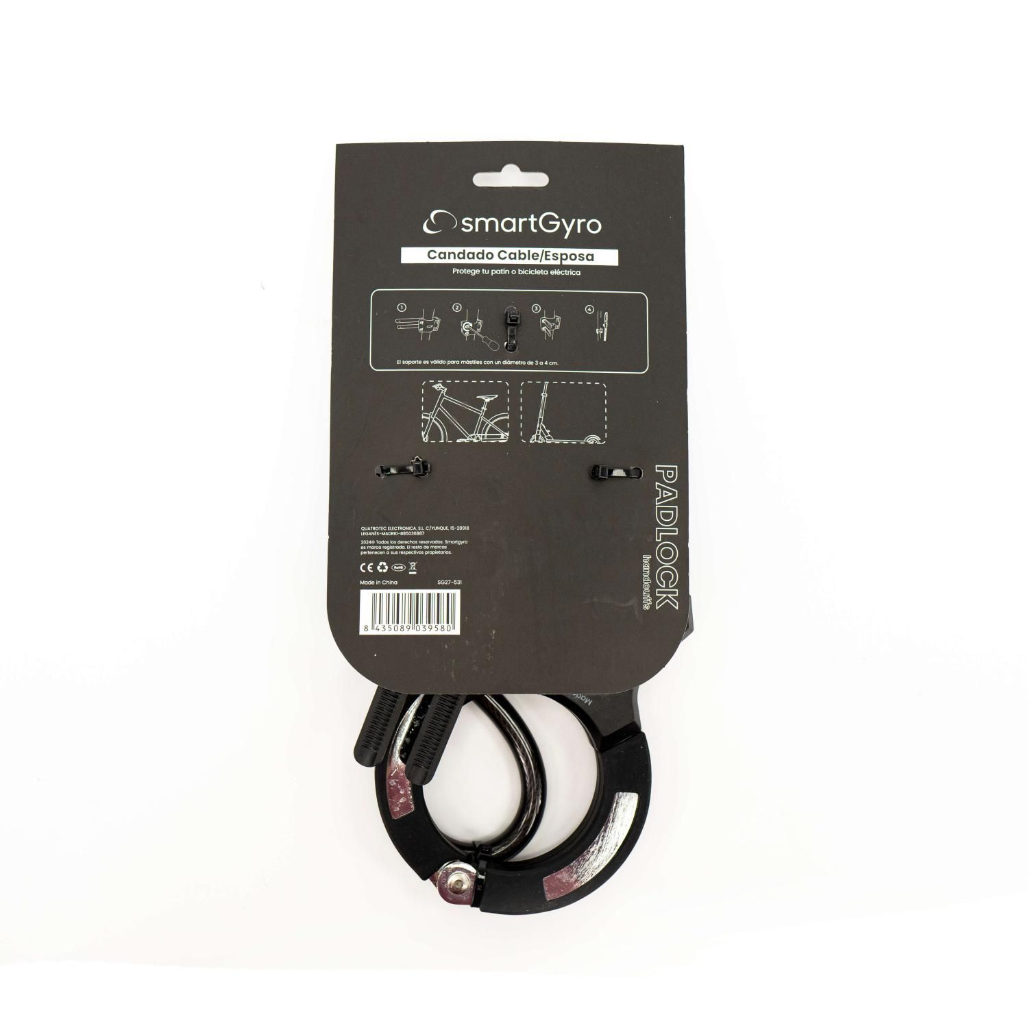 SG27-531 - Candado SmartGyro cable/esposa con 2 llaves para patinetes elctricos y bicicletas (SG27-531)