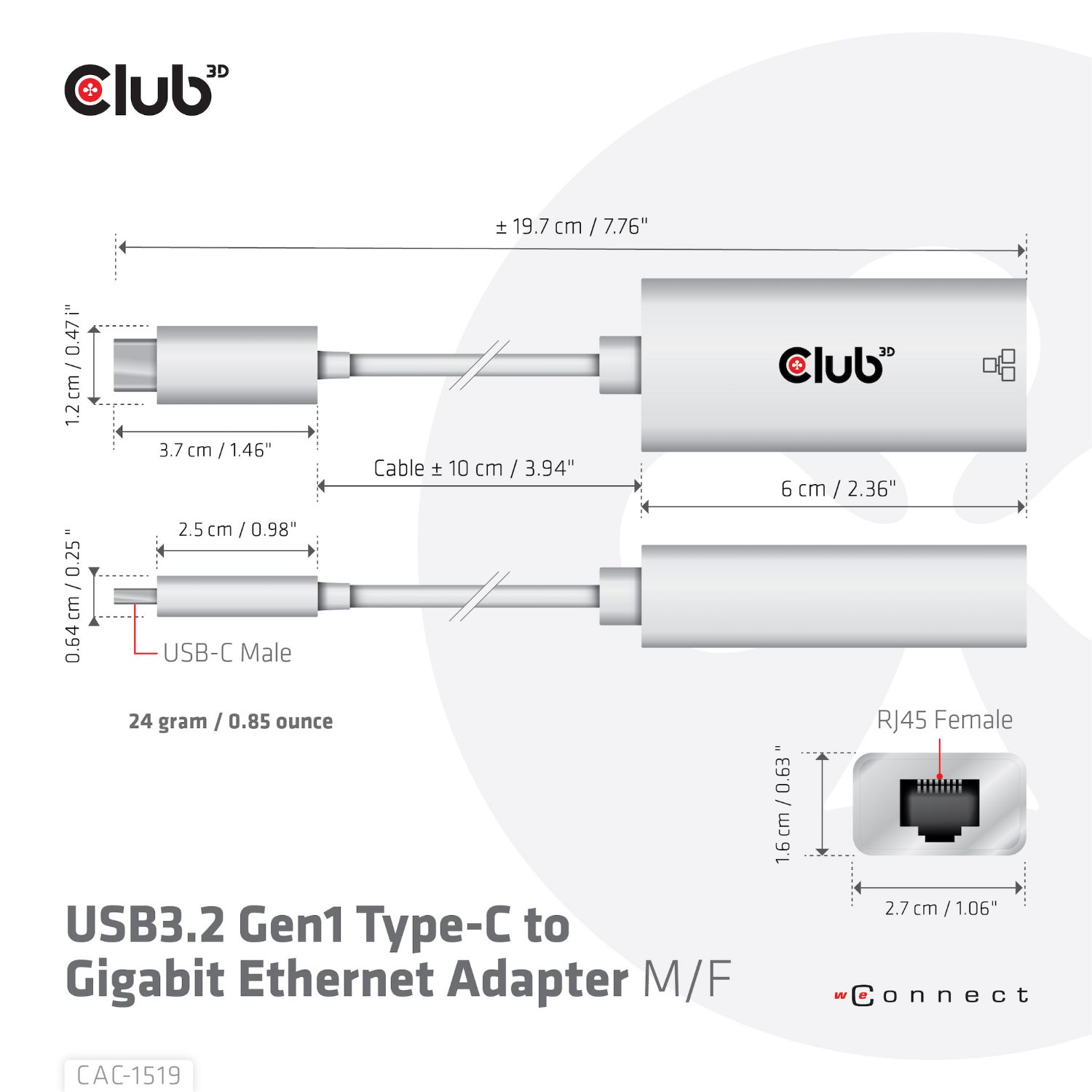 CAC-1519 - Adaptador Club 3D USB-C/M a RJ45/H Ethernet GbE Blanco (CAC-1519)
