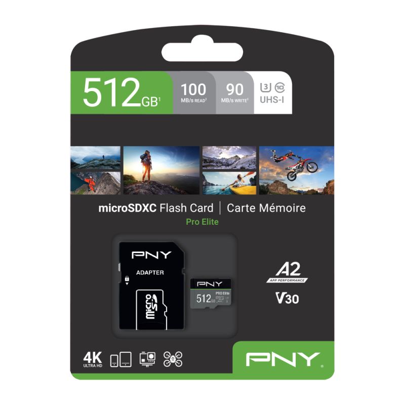 P-SDUX512U3100PRO-GE - Tarjeta Memoria PNY Micro SDXC Pro Elite 512Gb Clase 10 UHS-I Class (U3) V30 Lectura 100 Mb/s Escritura 90 Mb/s Gris/Negro (P-SDUX512U3100PRO-GE)